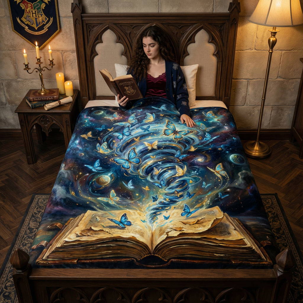 Dark Academia "Storyteller's Spell" Throw - Celestial Butterflies, Galaxy & Magic Book Velveteen Blanket
