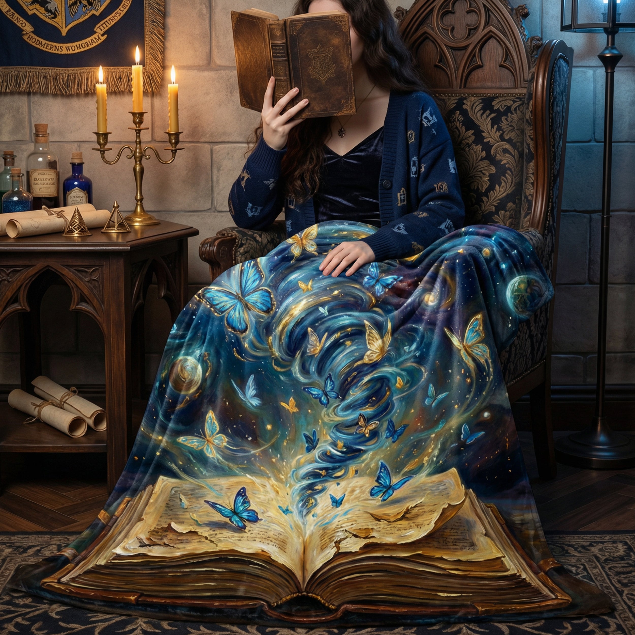 Dark Academia "Storyteller's Spell" Throw - Celestial Butterflies, Galaxy & Magic Book Velveteen Blanket