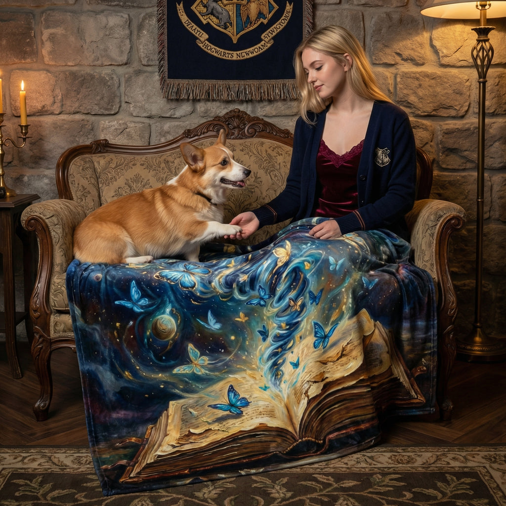 Dark Academia "Storyteller's Spell" Throw - Celestial Butterflies, Galaxy & Magic Book Velveteen Blanket