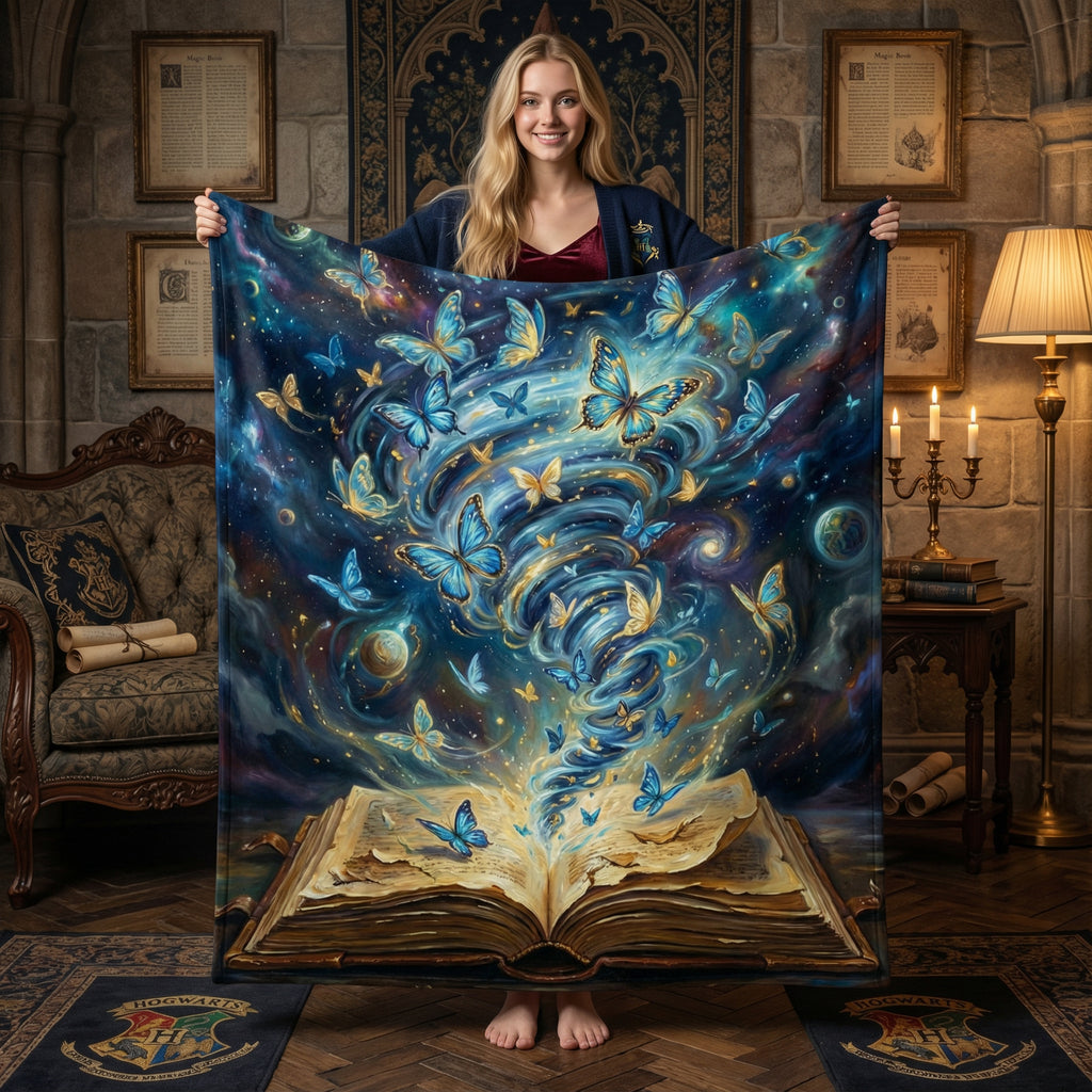 Dark Academia "Storyteller's Spell" Throw - Celestial Butterflies, Galaxy & Magic Book Velveteen Blanket