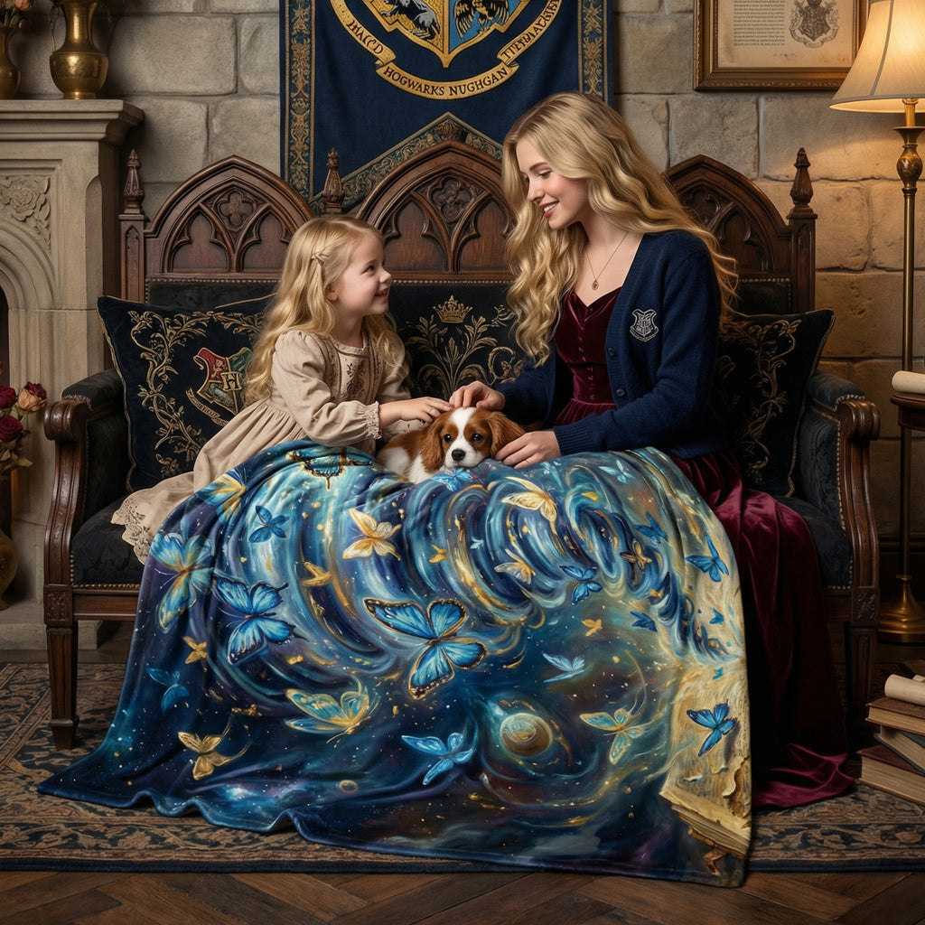 Dark Academia "Storyteller's Spell" Throw - Celestial Butterflies, Galaxy & Magic Book Velveteen Blanket