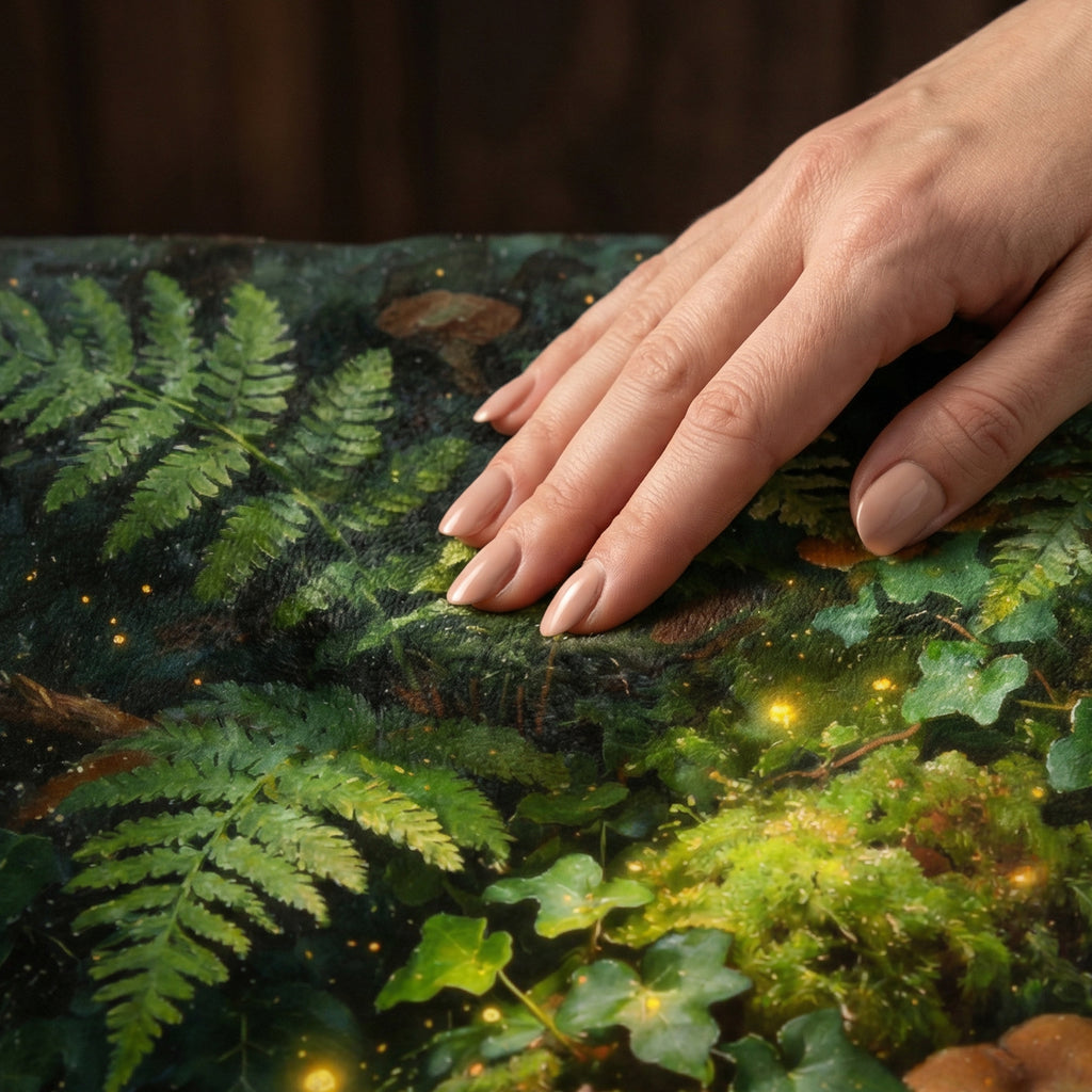Goblincore "Enchanted Forest" Throw - Mushrooms, Ferns & Fireflies Botanical Blanket