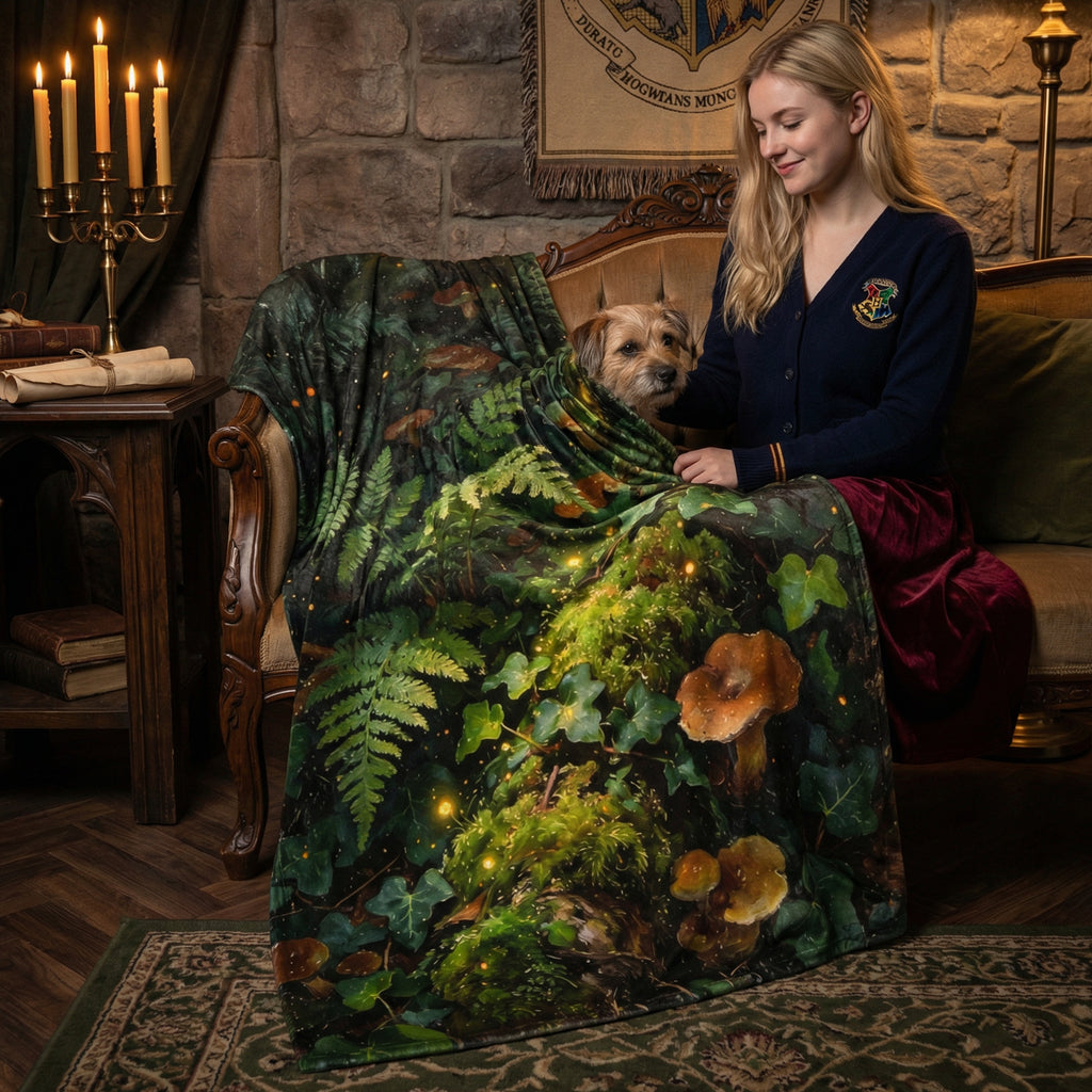 Goblincore "Enchanted Forest" Throw - Mushrooms, Ferns & Fireflies Botanical Blanket