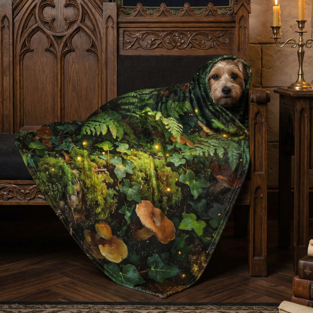Goblincore "Enchanted Forest" Throw - Mushrooms, Ferns & Fireflies Botanical Blanket