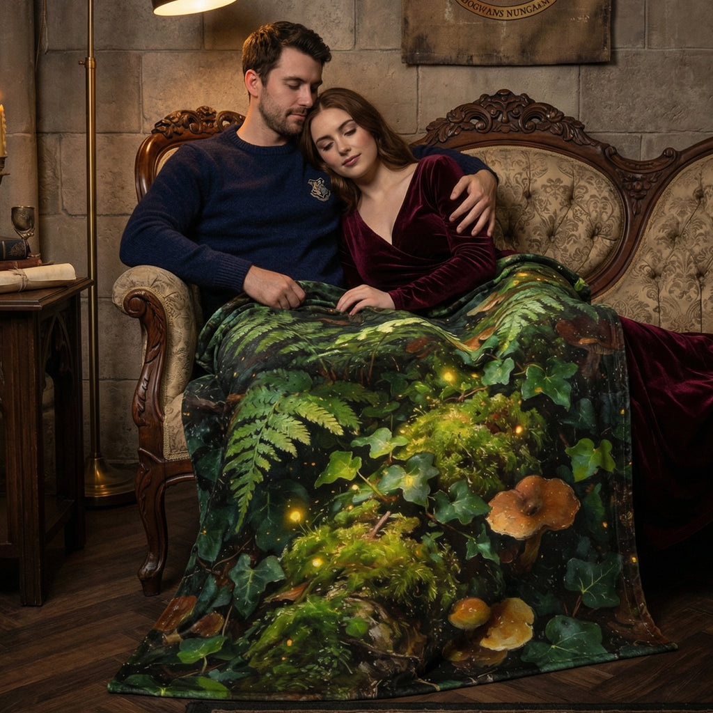 Goblincore "Enchanted Forest" Throw - Mushrooms, Ferns & Fireflies Botanical Blanket