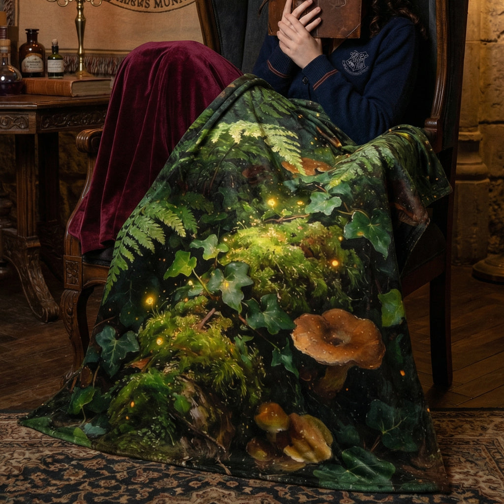 Goblincore "Enchanted Forest" Throw - Mushrooms, Ferns & Fireflies Botanical Blanket