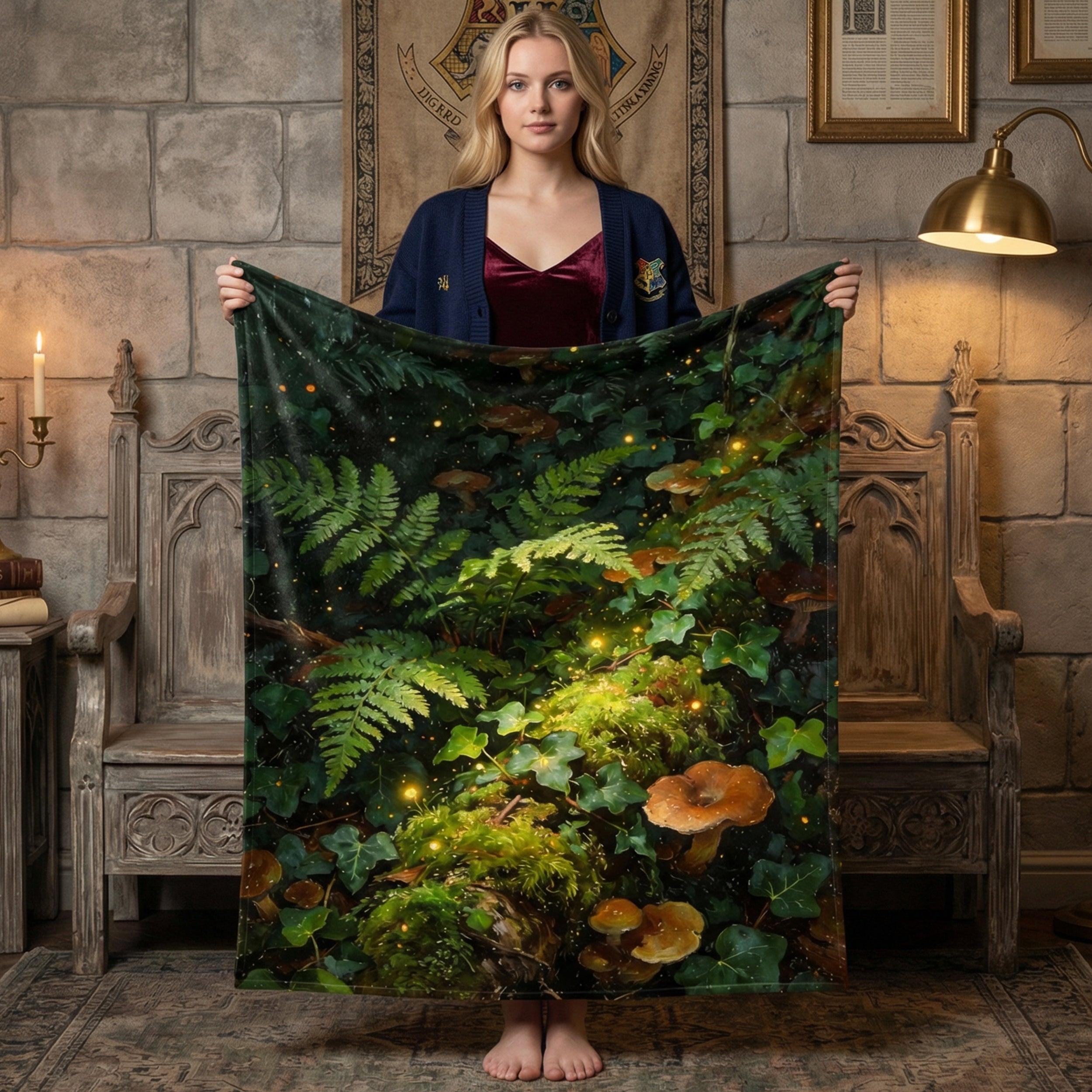 Goblincore "Enchanted Forest" Throw - Mushrooms, Ferns & Fireflies Botanical Blanket