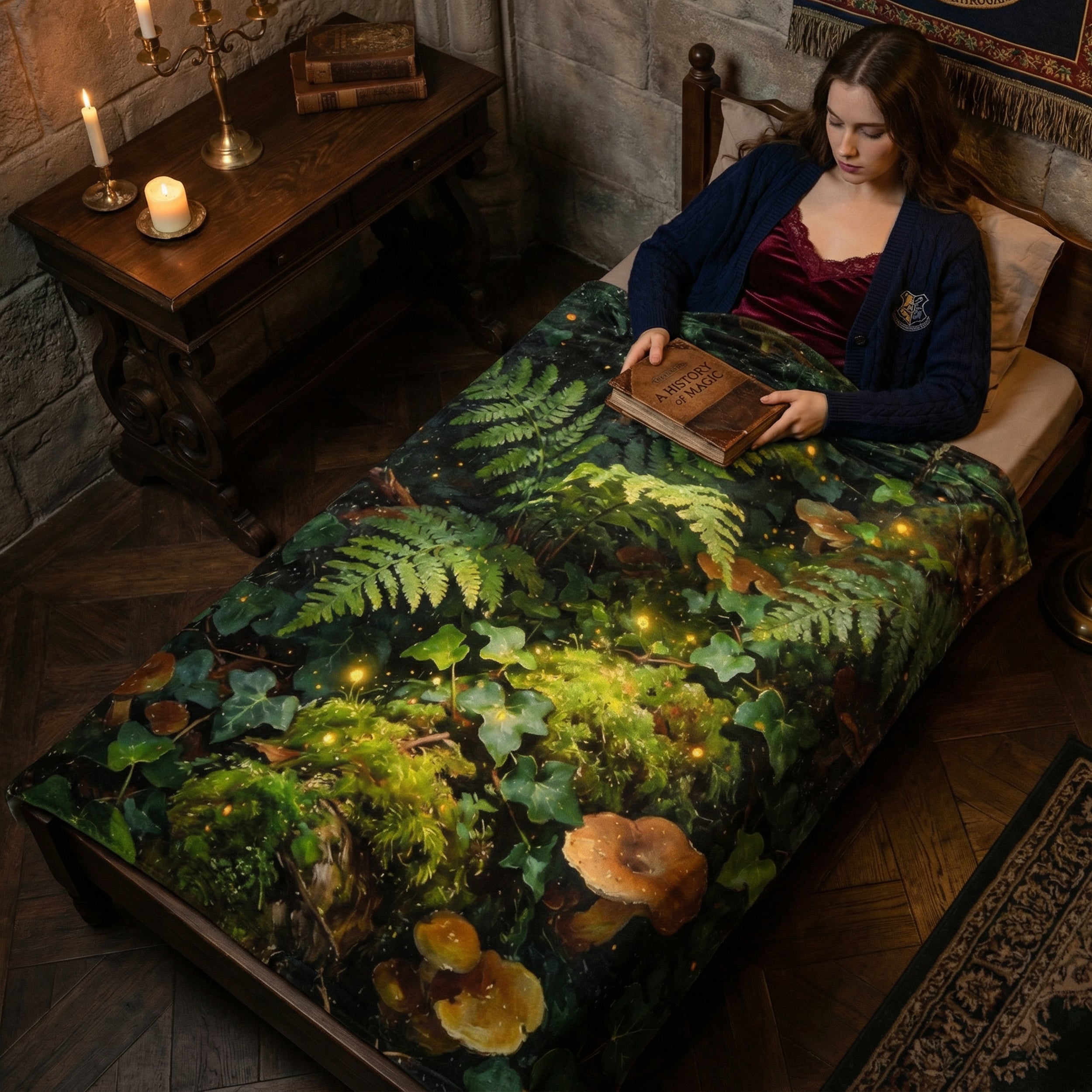 Goblincore "Enchanted Forest" Throw - Mushrooms, Ferns & Fireflies Botanical Blanket