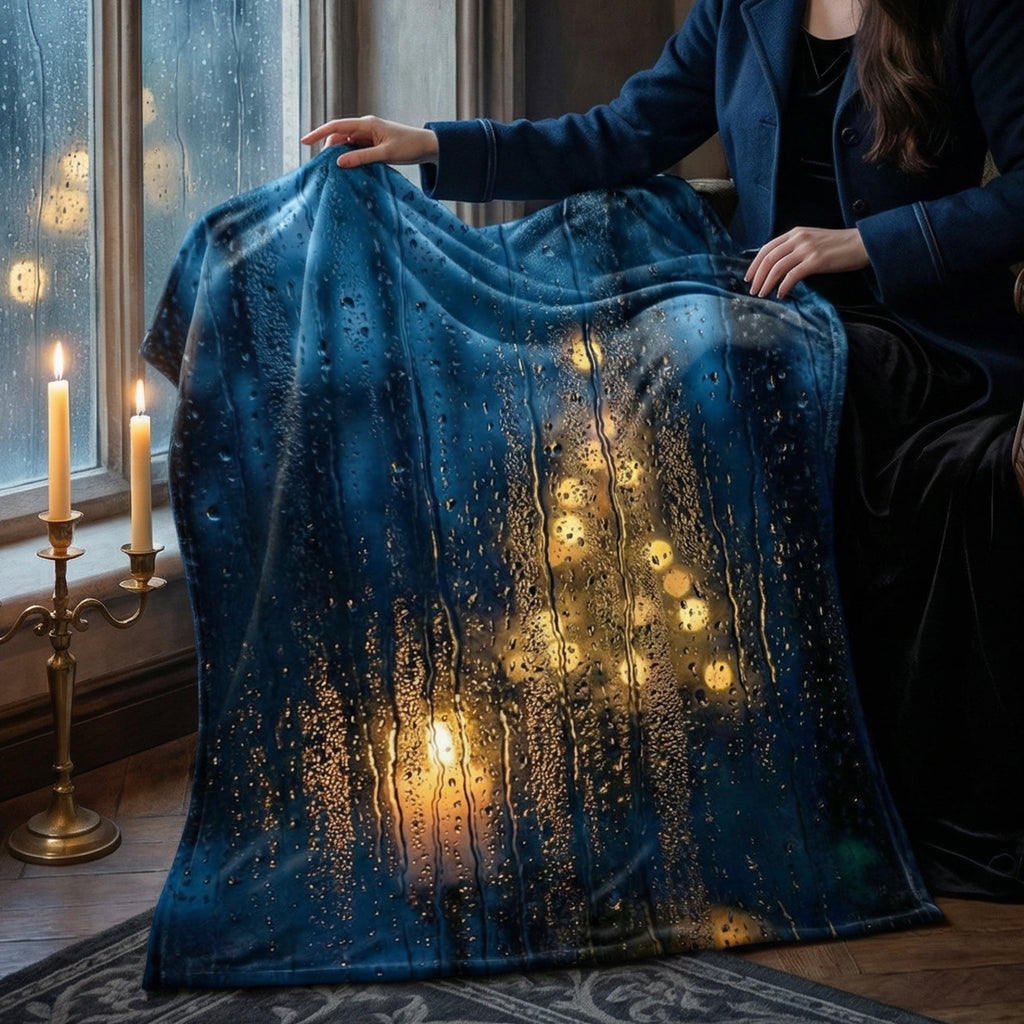 Cozy Academia "The Rainy Night" Throw - Blue Raindrops on Window & Candlelight Bokeh Blanket