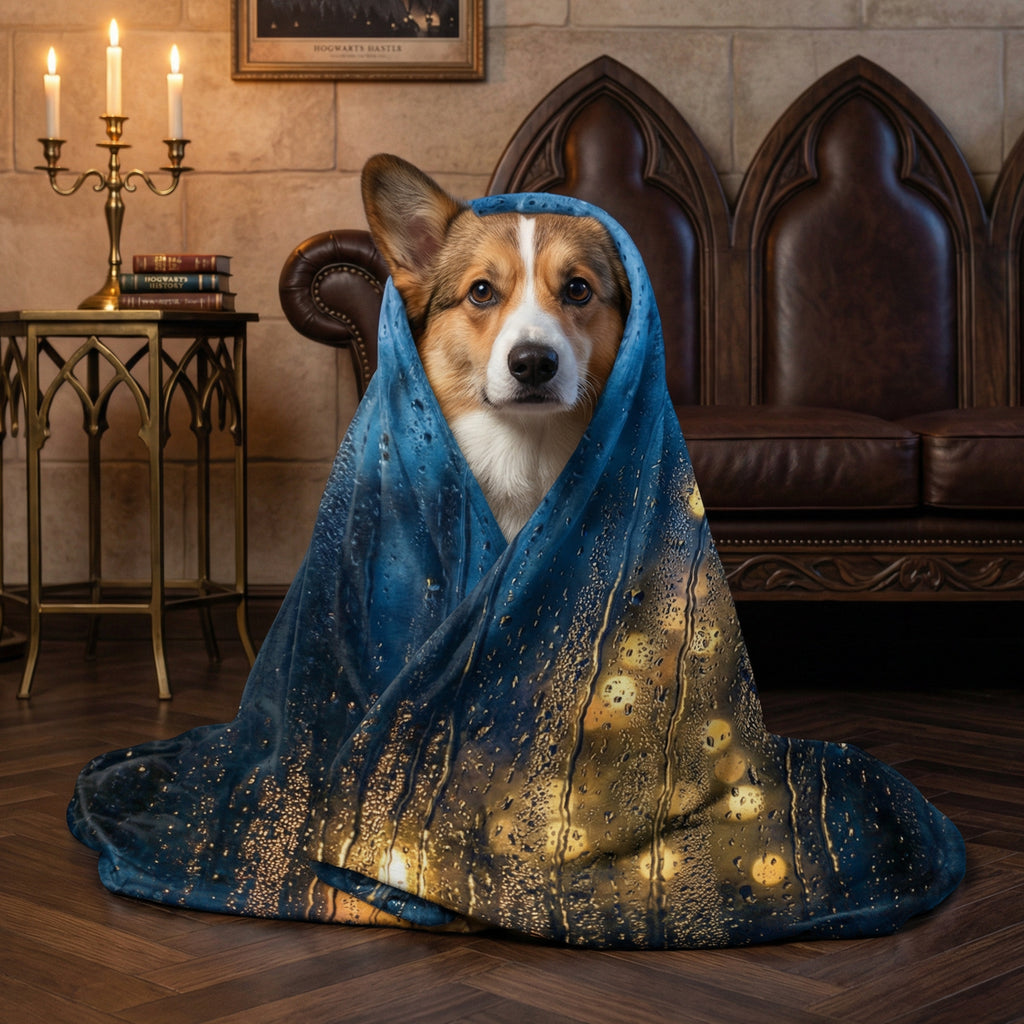 Cozy Academia "The Rainy Night" Throw - Blue Raindrops on Window & Candlelight Bokeh Blanket
