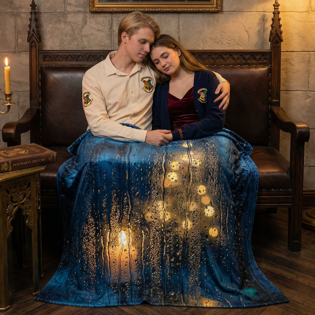 Cozy Academia "The Rainy Night" Throw - Blue Raindrops on Window & Candlelight Bokeh Blanket