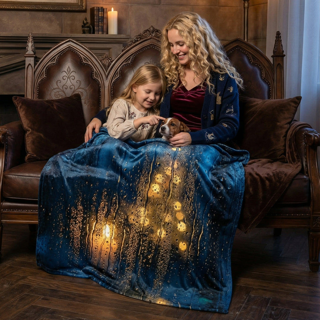 Cozy Academia "The Rainy Night" Throw - Blue Raindrops on Window & Candlelight Bokeh Blanket
