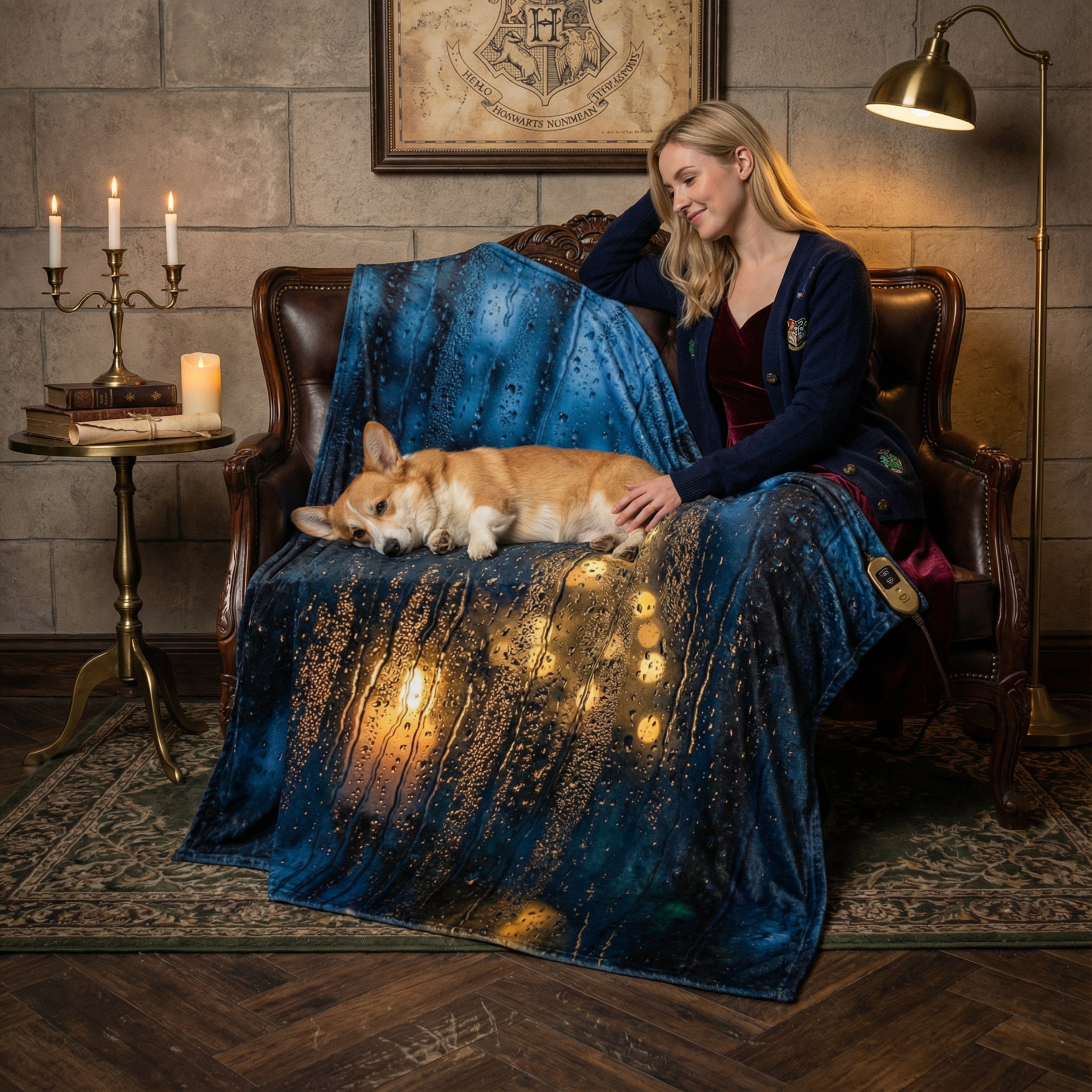 Cozy Academia "The Rainy Night" Throw - Blue Raindrops on Window & Candlelight Bokeh Blanket