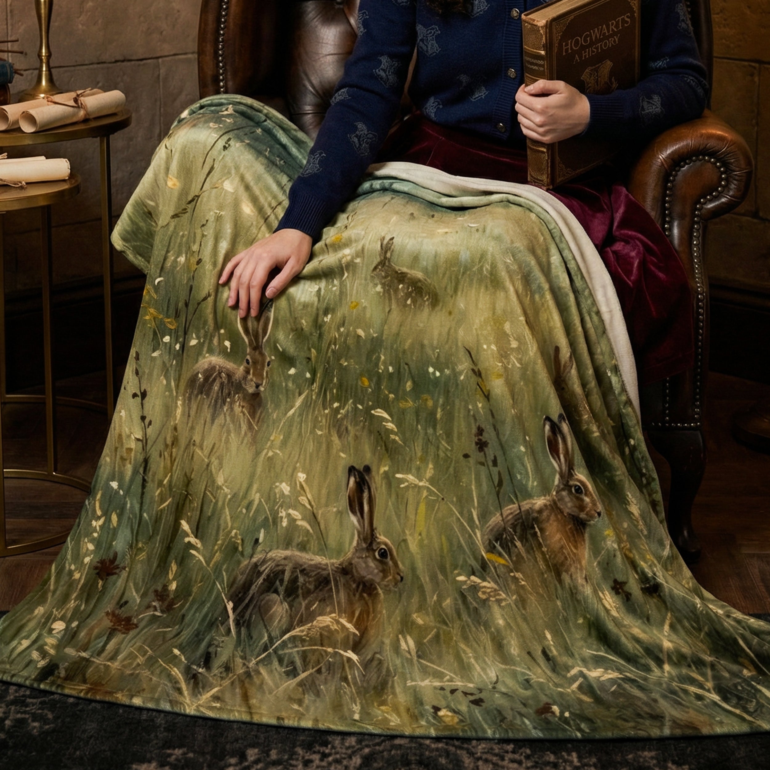 Cottagecore "Morning Meadow" Throw - Vintage Hares, Tall Grass & Misty Forest Oil Painting Blanket