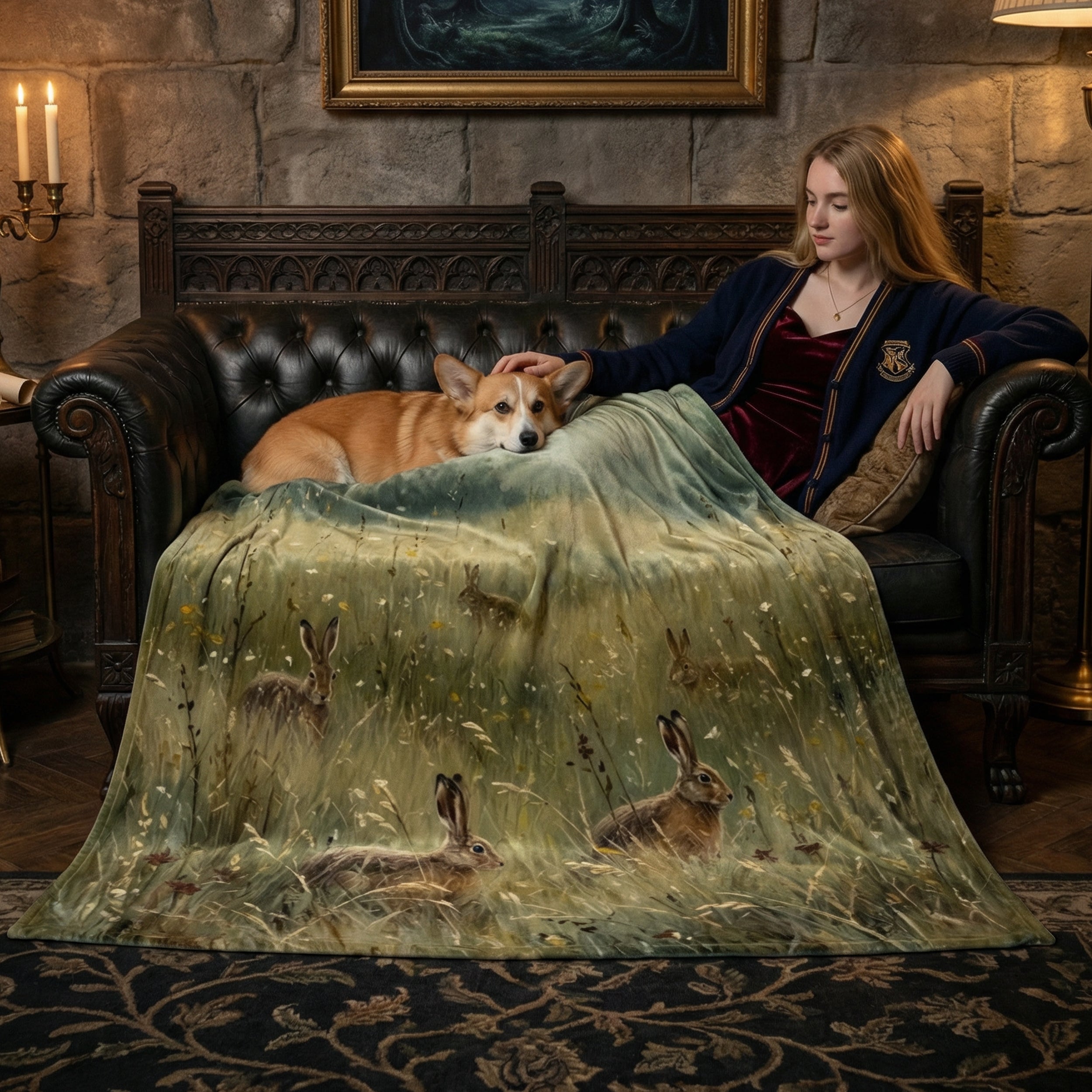 Cottagecore "Morning Meadow" Throw - Vintage Hares, Tall Grass & Misty Forest Oil Painting Blanket