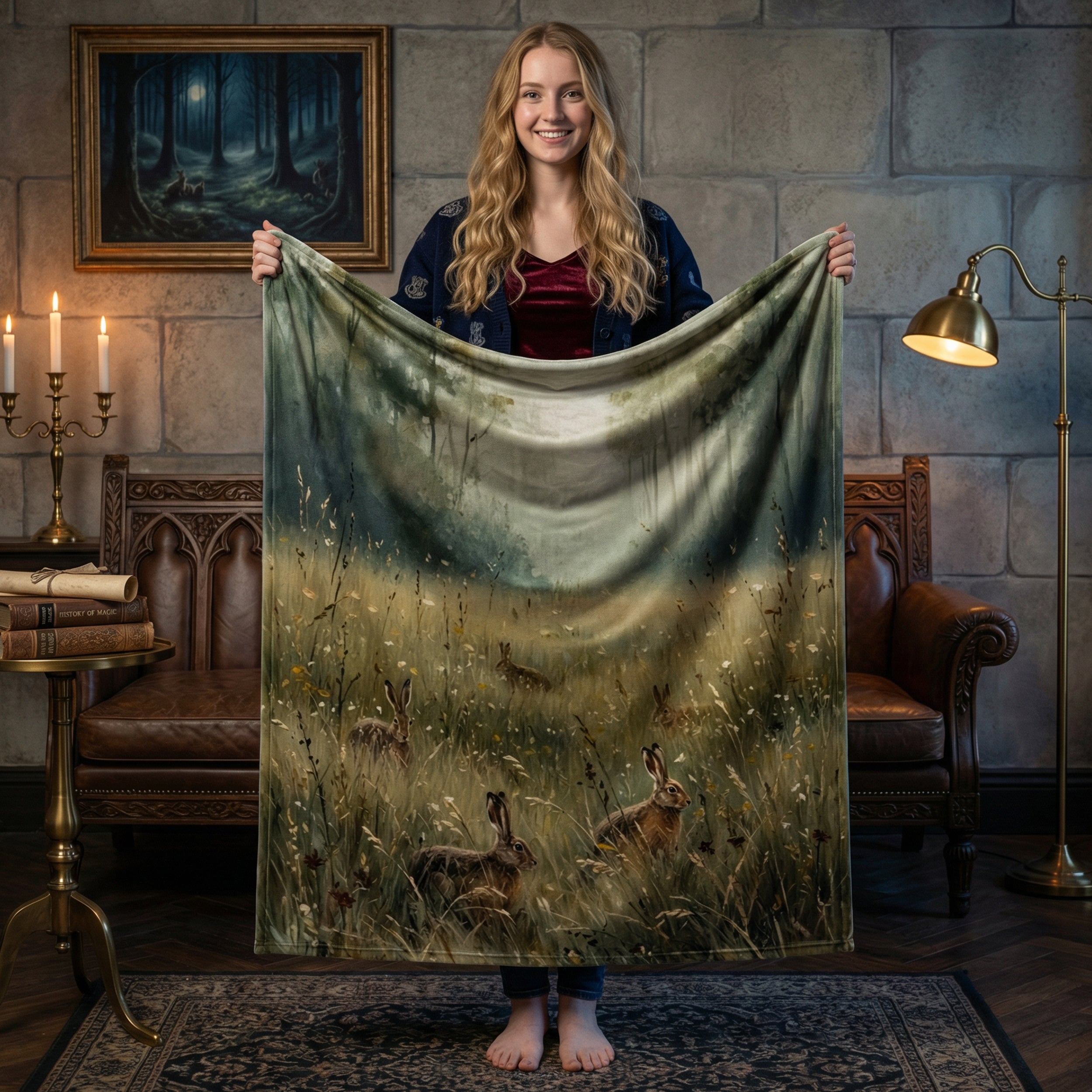 Cottagecore "Morning Meadow" Throw - Vintage Hares, Tall Grass & Misty Forest Oil Painting Blanket