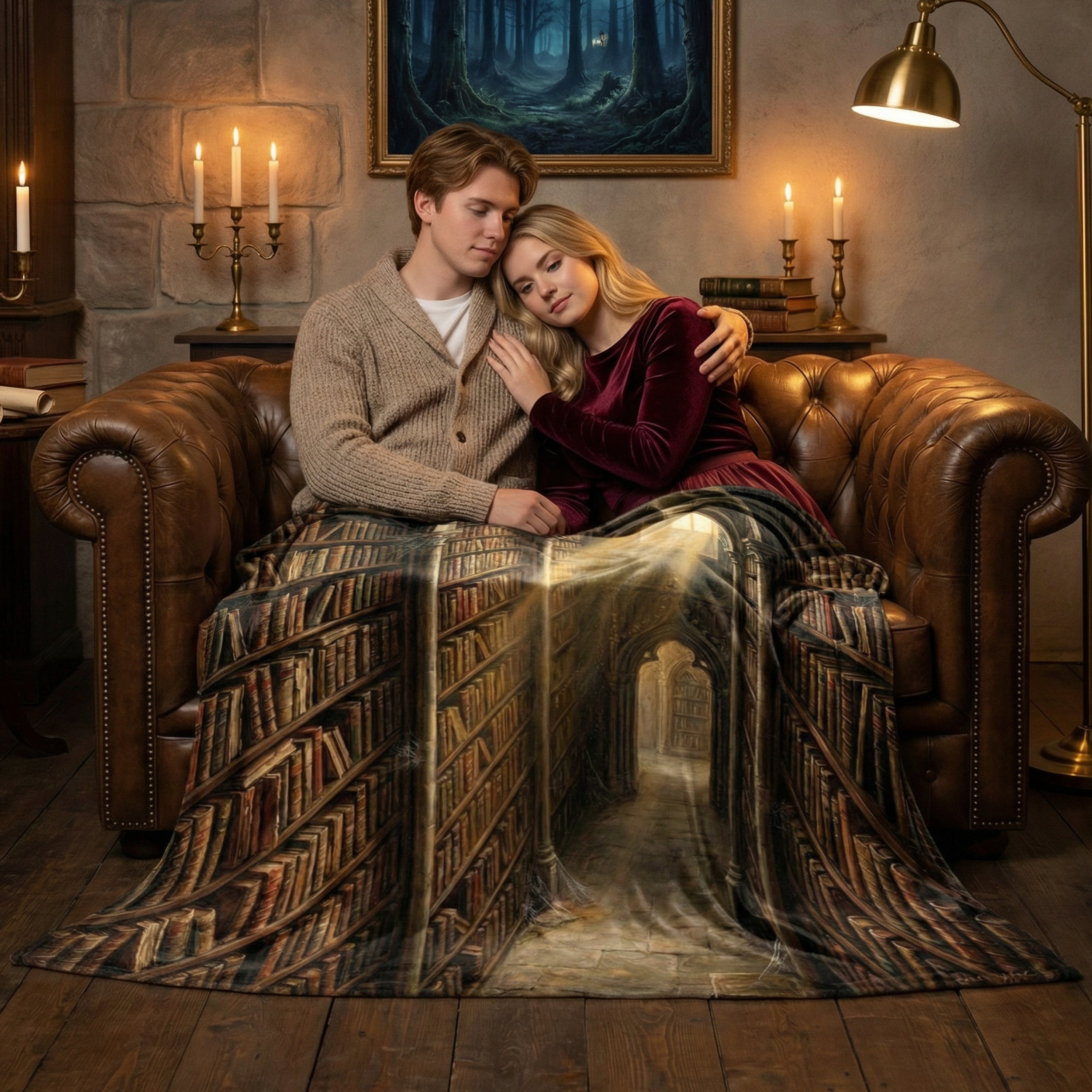 Dark Academia "The Ancient Library" Throw - Gothic Bookshelves, Sunbeams & Old Books Velveteen Blanket