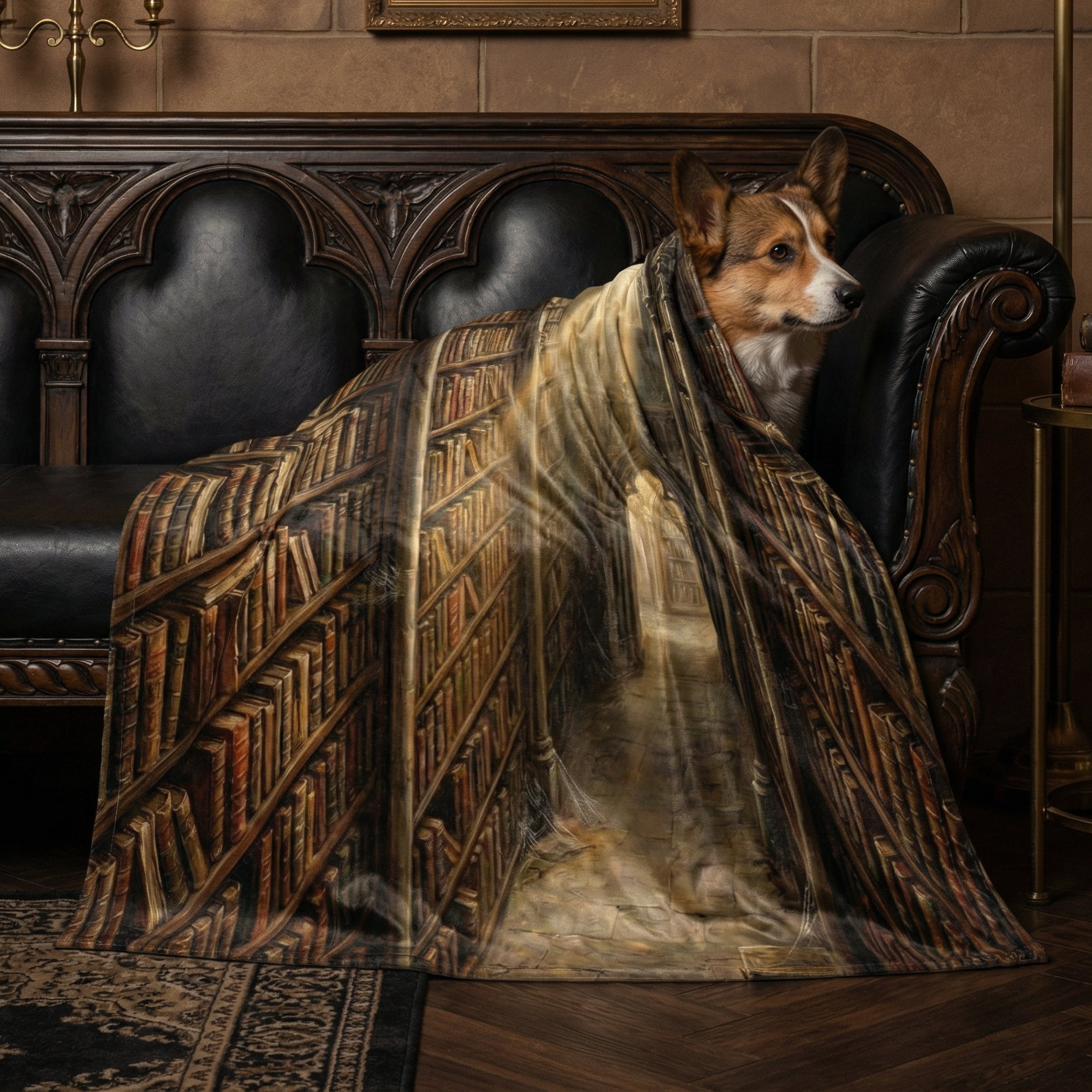 Dark Academia "The Ancient Library" Throw - Gothic Bookshelves, Sunbeams & Old Books Velveteen Blanket