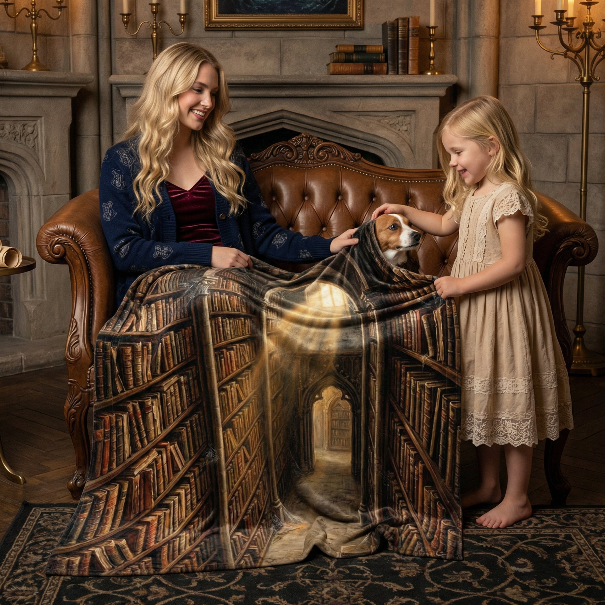 Dark Academia "The Ancient Library" Throw - Gothic Bookshelves, Sunbeams & Old Books Velveteen Blanket