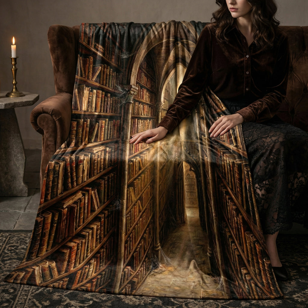 Dark Academia "The Ancient Library" Throw - Gothic Bookshelves, Sunbeams & Old Books Velveteen Blanket