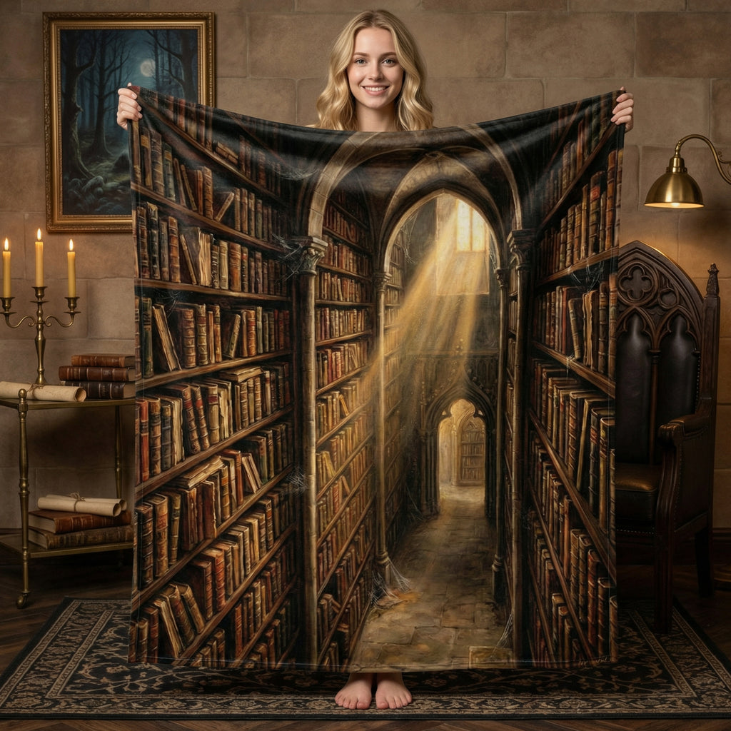 Dark Academia "The Ancient Library" Throw - Gothic Bookshelves, Sunbeams & Old Books Velveteen Blanket
