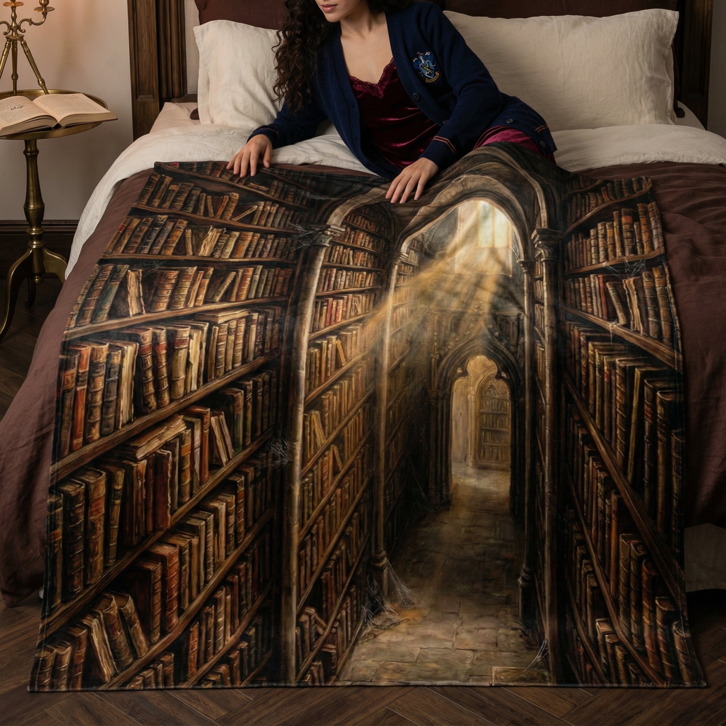 Dark Academia "The Ancient Library" Throw - Gothic Bookshelves, Sunbeams & Old Books Velveteen Blanket