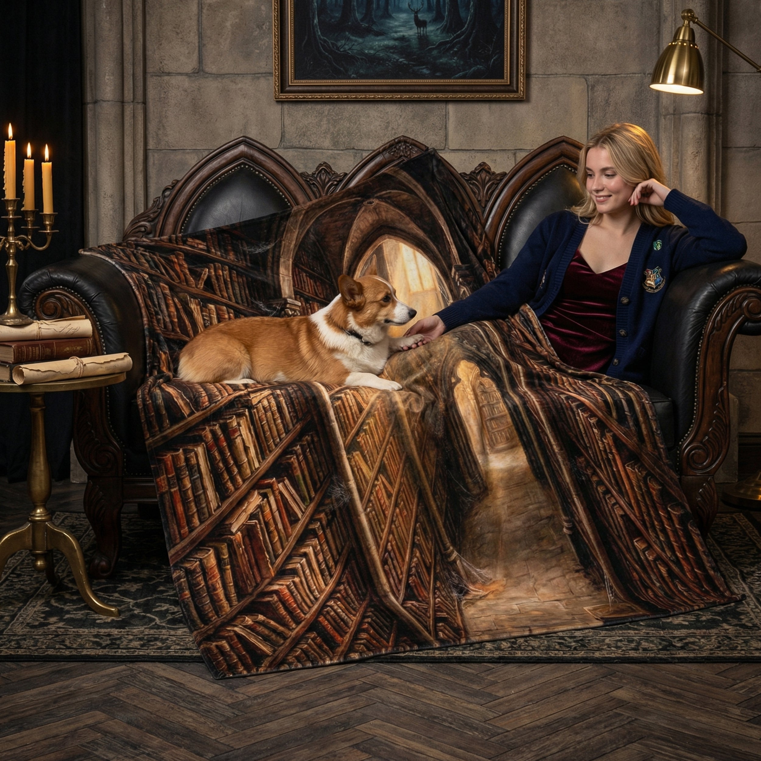 Dark Academia "The Ancient Library" Throw - Gothic Bookshelves, Sunbeams & Old Books Velveteen Blanket