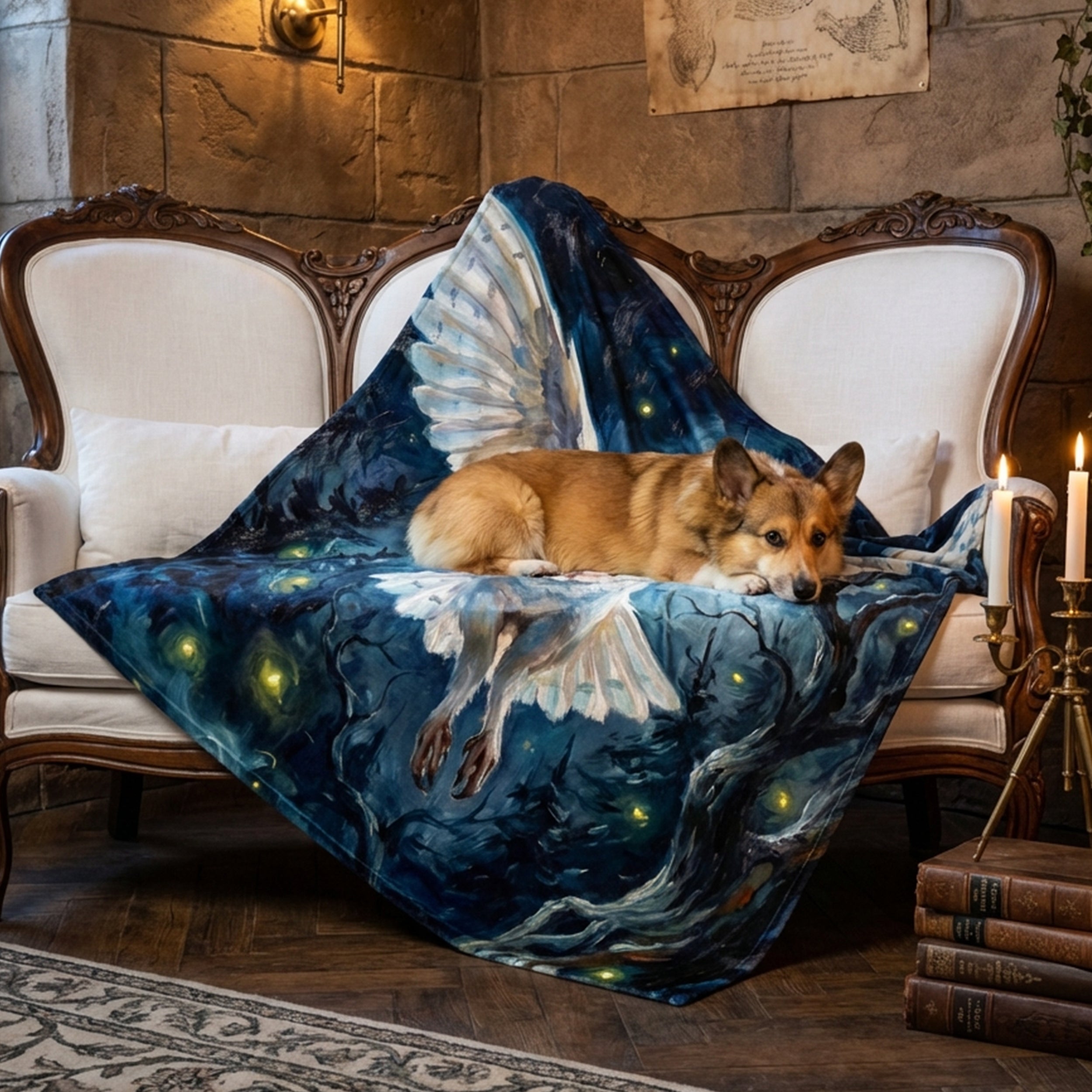 Dark Academia "The Silent Messenger" Throw - Flying Barn Owl, Fireflies & Night Forest Oil Painting Blanket