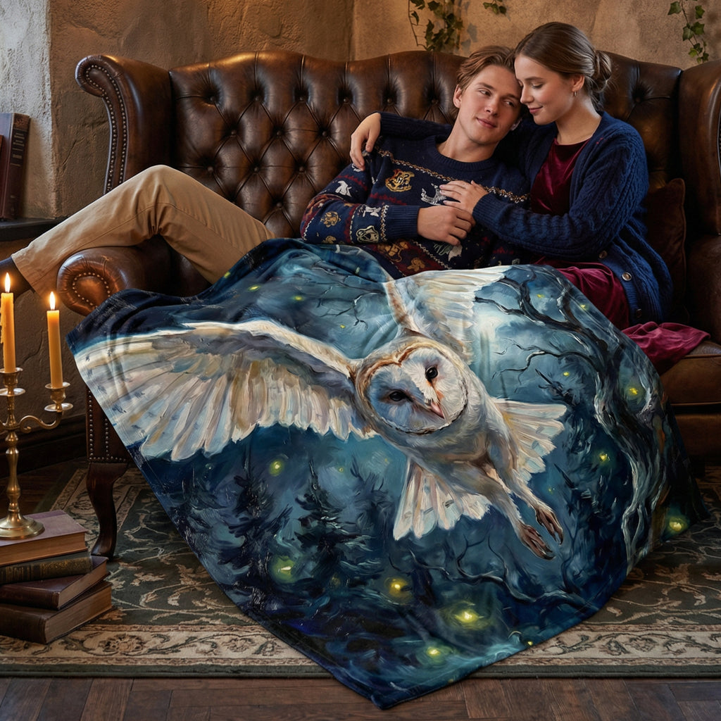 Dark Academia "The Silent Messenger" Throw - Flying Barn Owl, Fireflies & Night Forest Oil Painting Blanket