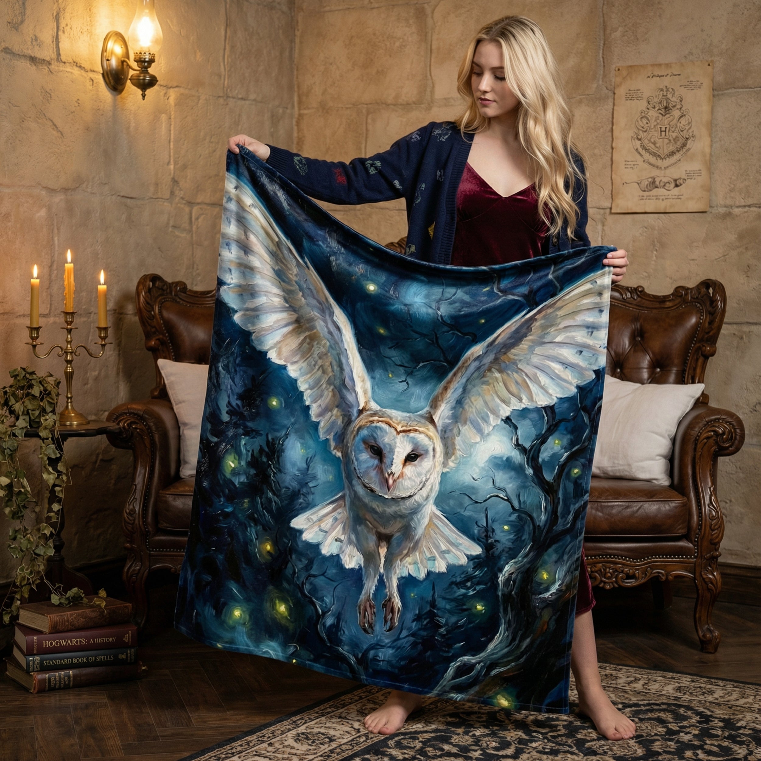 Dark Academia "The Silent Messenger" Throw - Flying Barn Owl, Fireflies & Night Forest Oil Painting Blanket