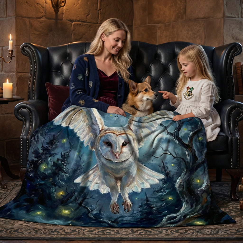 Dark Academia "The Silent Messenger" Throw - Flying Barn Owl, Fireflies & Night Forest Oil Painting Blanket