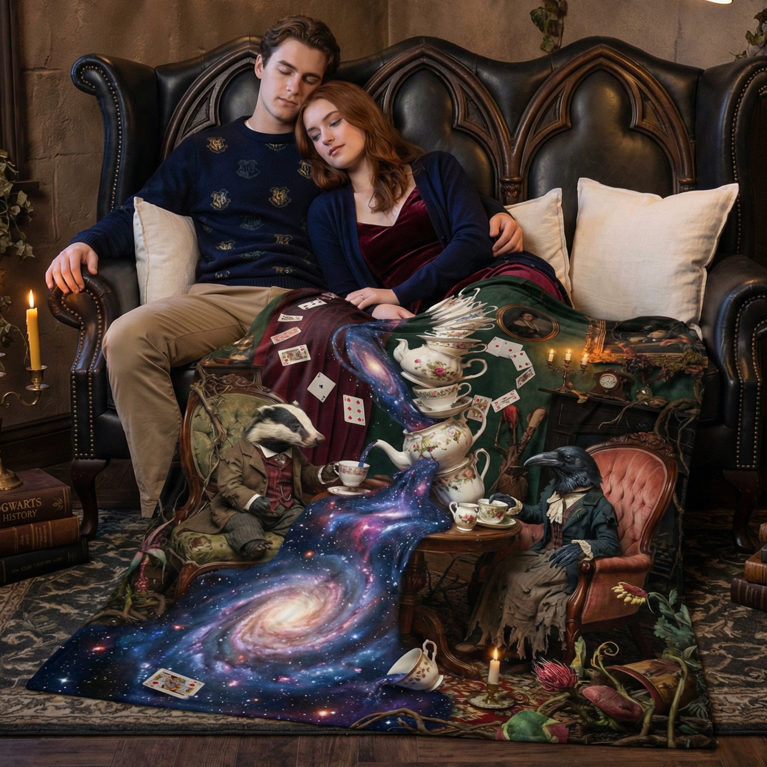 Whimsigoth "The Cosmic Tea Party" Throw - Surreal Galaxy, Badger & Raven Victorian Art Blanket