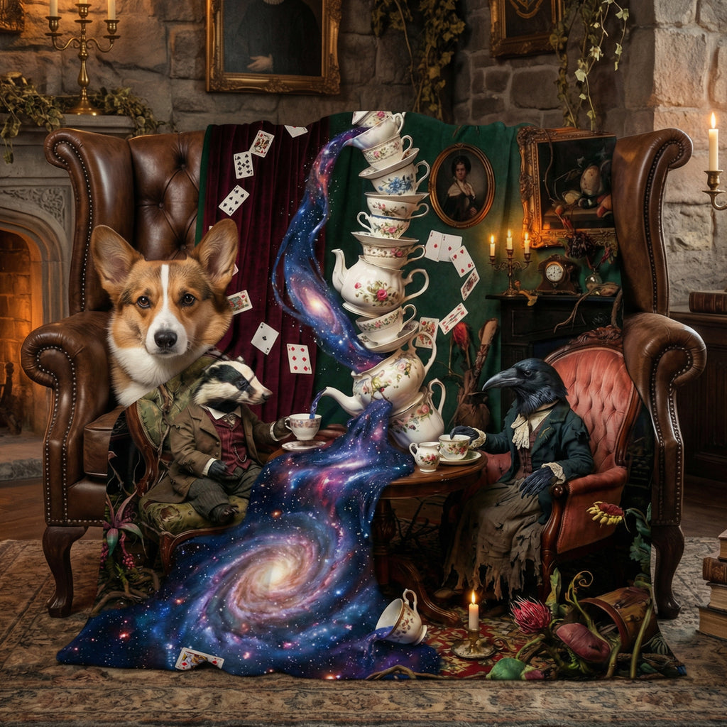Whimsigoth "The Cosmic Tea Party" Throw - Surreal Galaxy, Badger & Raven Victorian Art Blanket