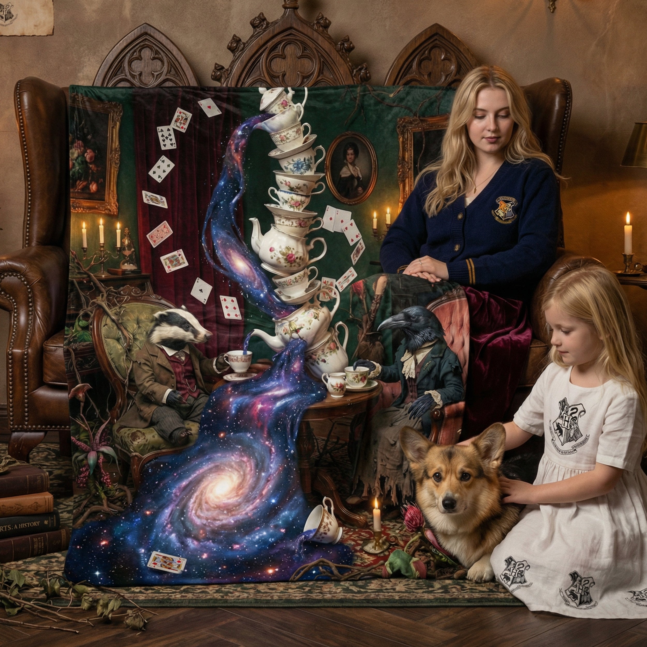 Whimsigoth "The Cosmic Tea Party" Throw - Surreal Galaxy, Badger & Raven Victorian Art Blanket