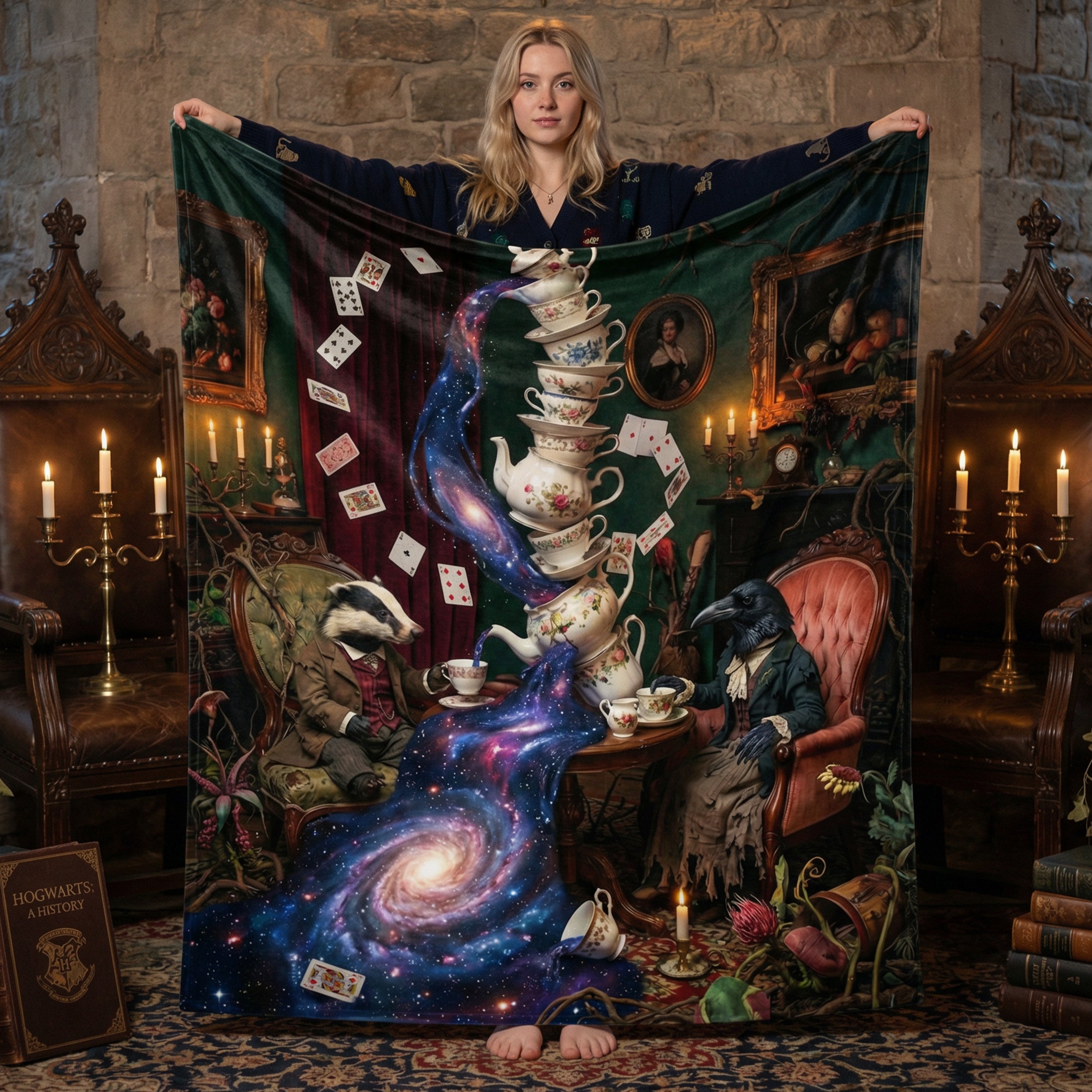 Whimsigoth "The Cosmic Tea Party" Throw - Surreal Galaxy, Badger & Raven Victorian Art Blanket