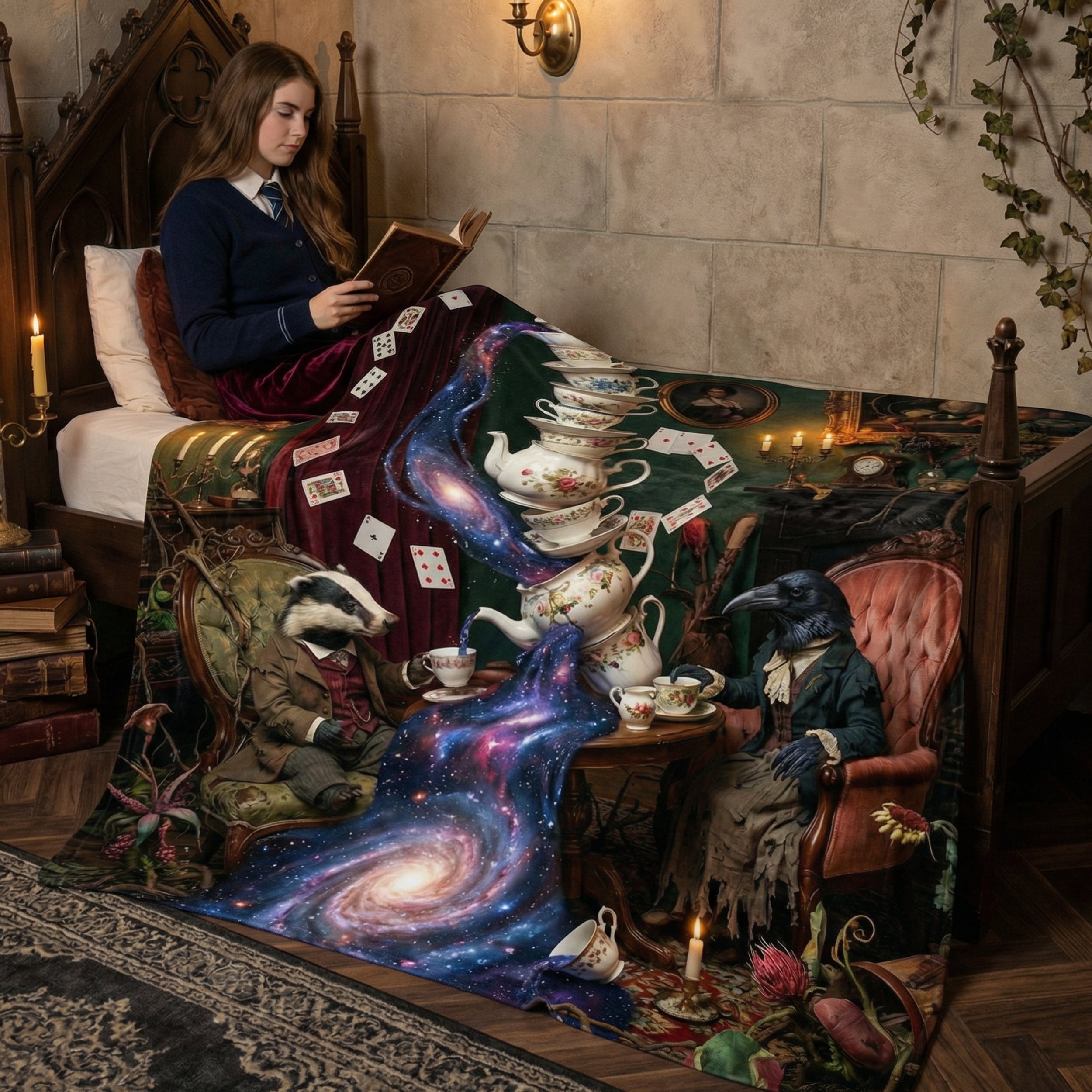 Whimsigoth "The Cosmic Tea Party" Throw - Surreal Galaxy, Badger & Raven Victorian Art Blanket