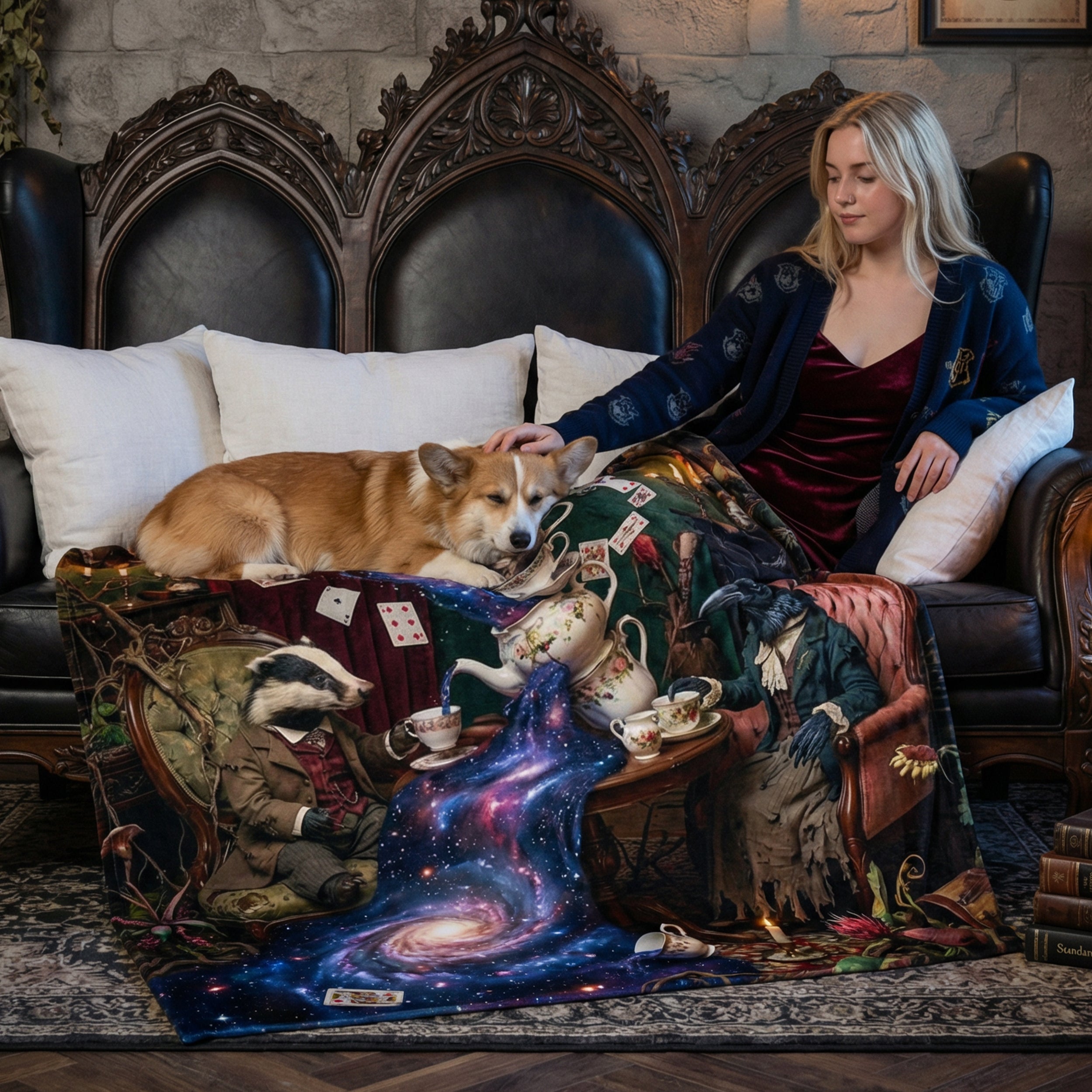Whimsigoth "The Cosmic Tea Party" Throw - Surreal Galaxy, Badger & Raven Victorian Art Blanket