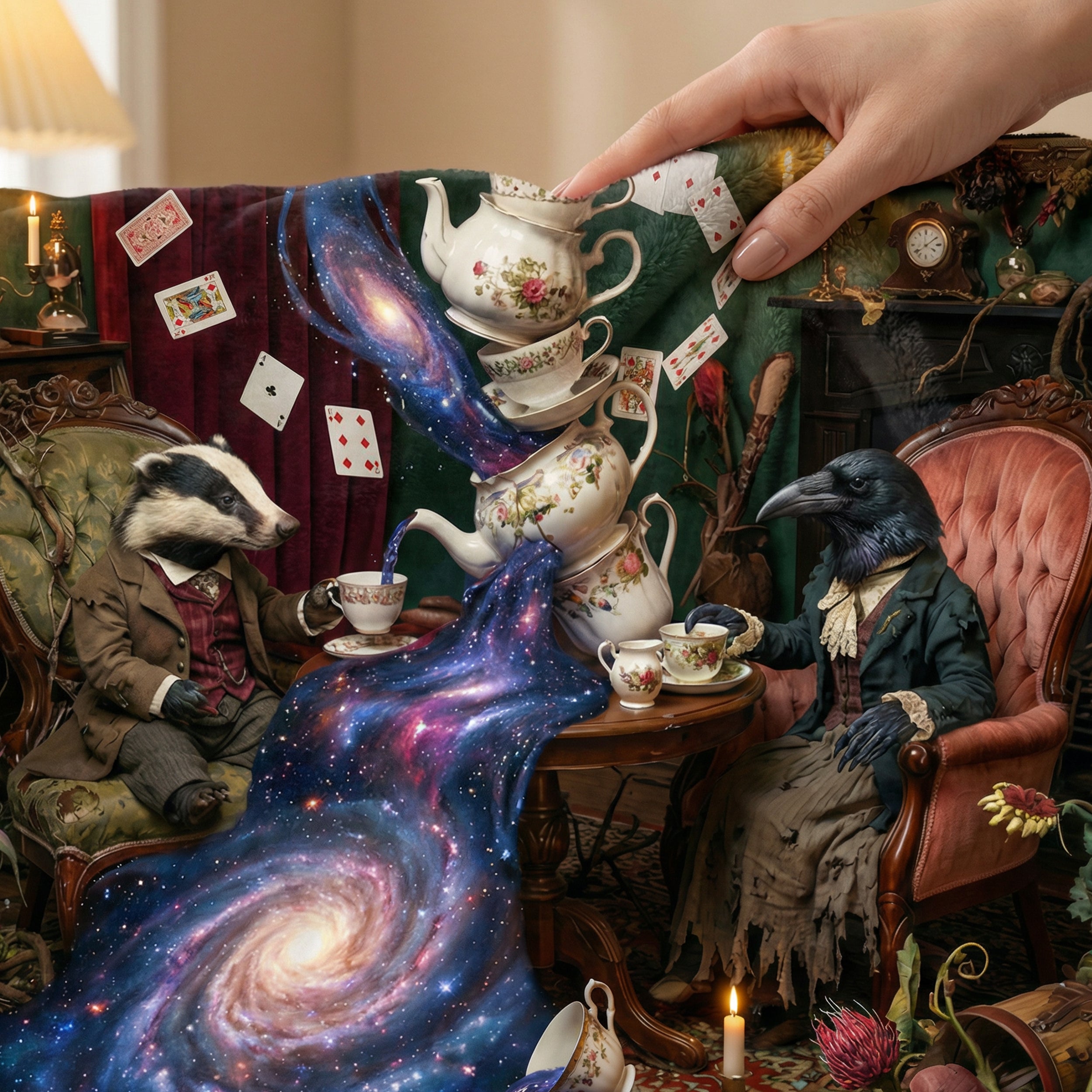 Whimsigoth "The Cosmic Tea Party" Throw - Surreal Galaxy, Badger & Raven Victorian Art Blanket