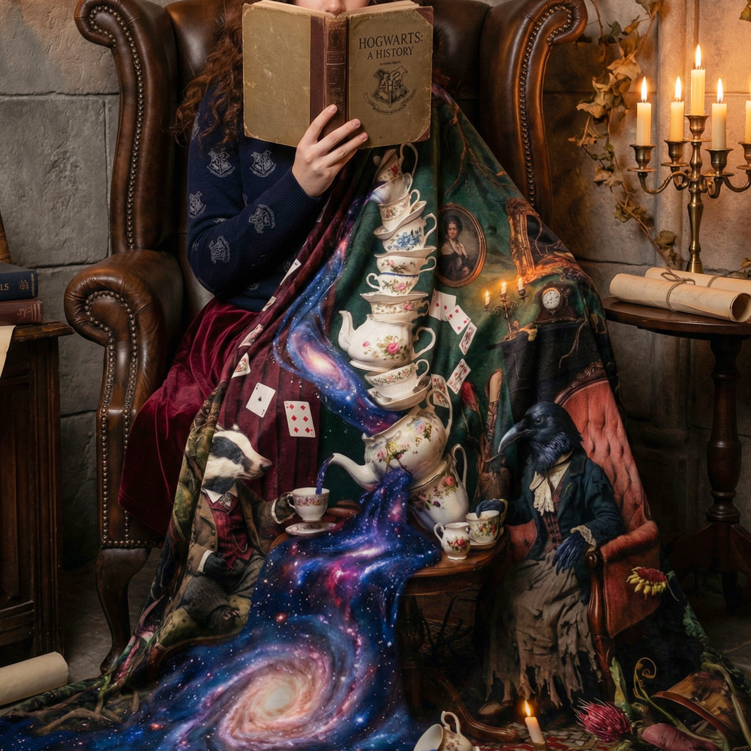 Whimsigoth "The Cosmic Tea Party" Throw - Surreal Galaxy, Badger & Raven Victorian Art Blanket