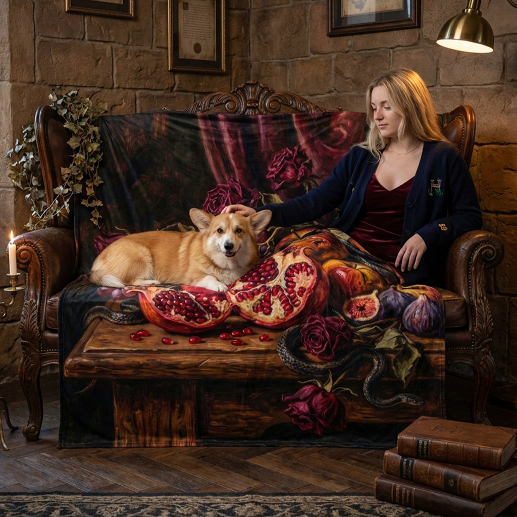 Dark Romance "The Forbidden Fruit" Throw - Pomegranate, Snake & Vanitas Oil Painting Blanket