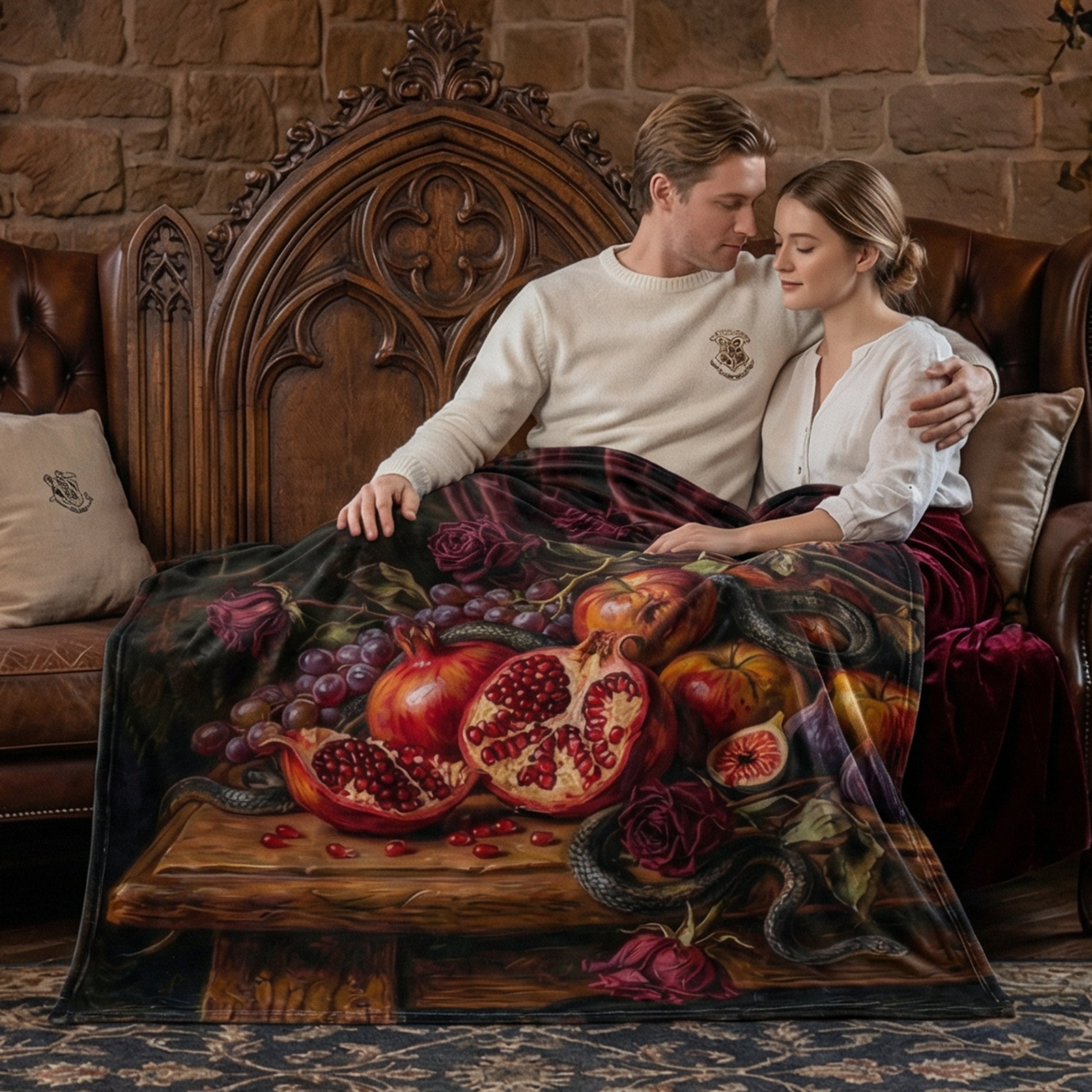 Dark Romance "The Forbidden Fruit" Throw - Pomegranate, Snake & Vanitas Oil Painting Blanket