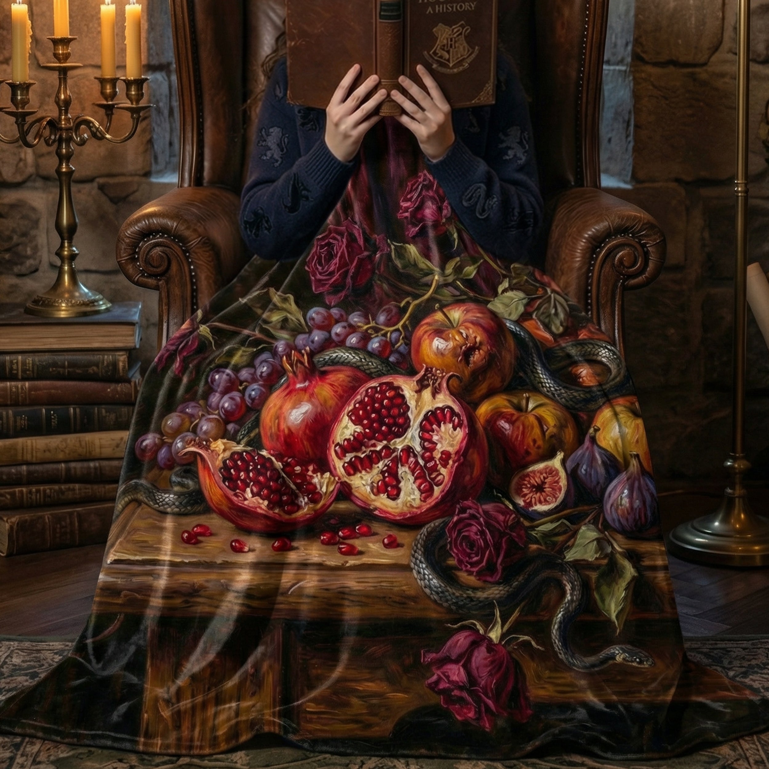 Dark Romance "The Forbidden Fruit" Throw - Pomegranate, Snake & Vanitas Oil Painting Blanket