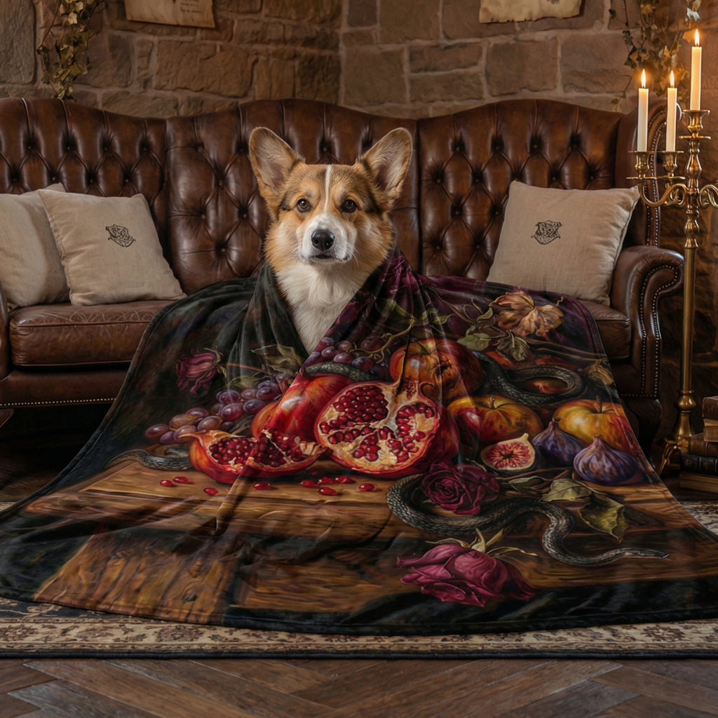 Dark Romance "The Forbidden Fruit" Throw - Pomegranate, Snake & Vanitas Oil Painting Blanket