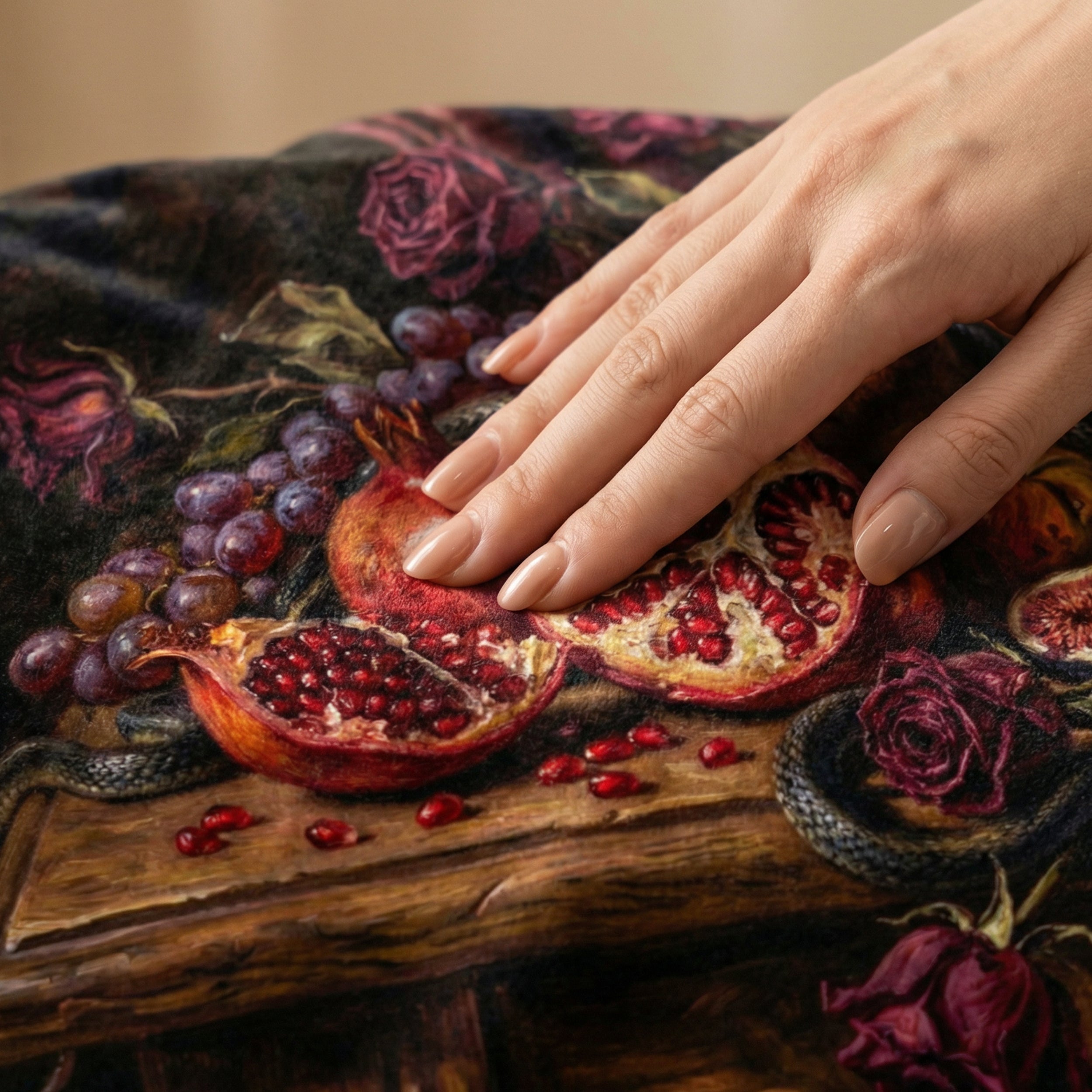 Dark Romance "The Forbidden Fruit" Throw - Pomegranate, Snake & Vanitas Oil Painting Blanket