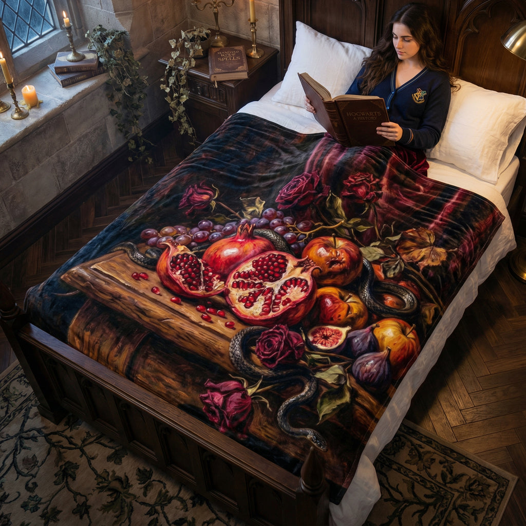 Dark Romance "The Forbidden Fruit" Throw - Pomegranate, Snake & Vanitas Oil Painting Blanket