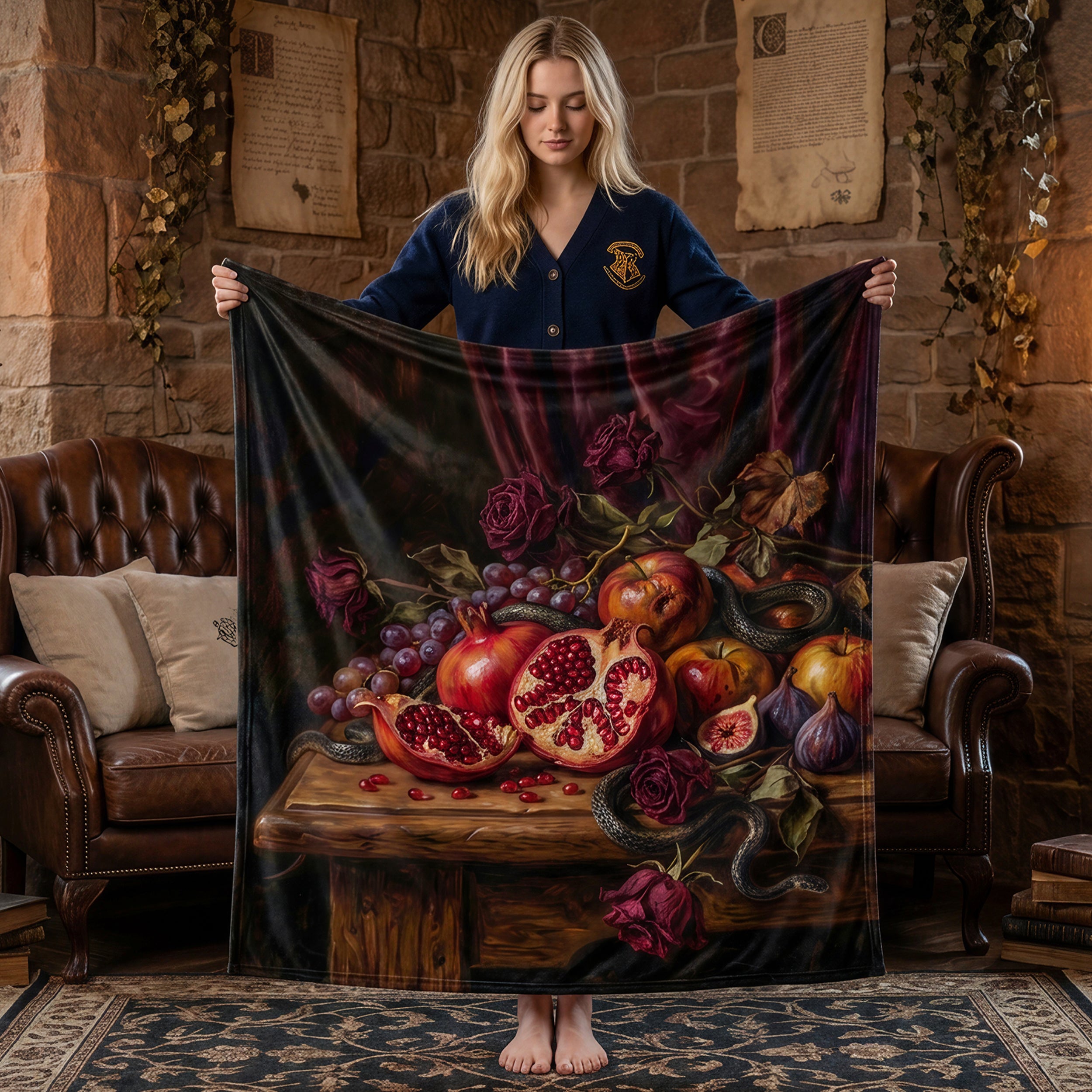 Dark Romance "The Forbidden Fruit" Throw - Pomegranate, Snake & Vanitas Oil Painting Blanket