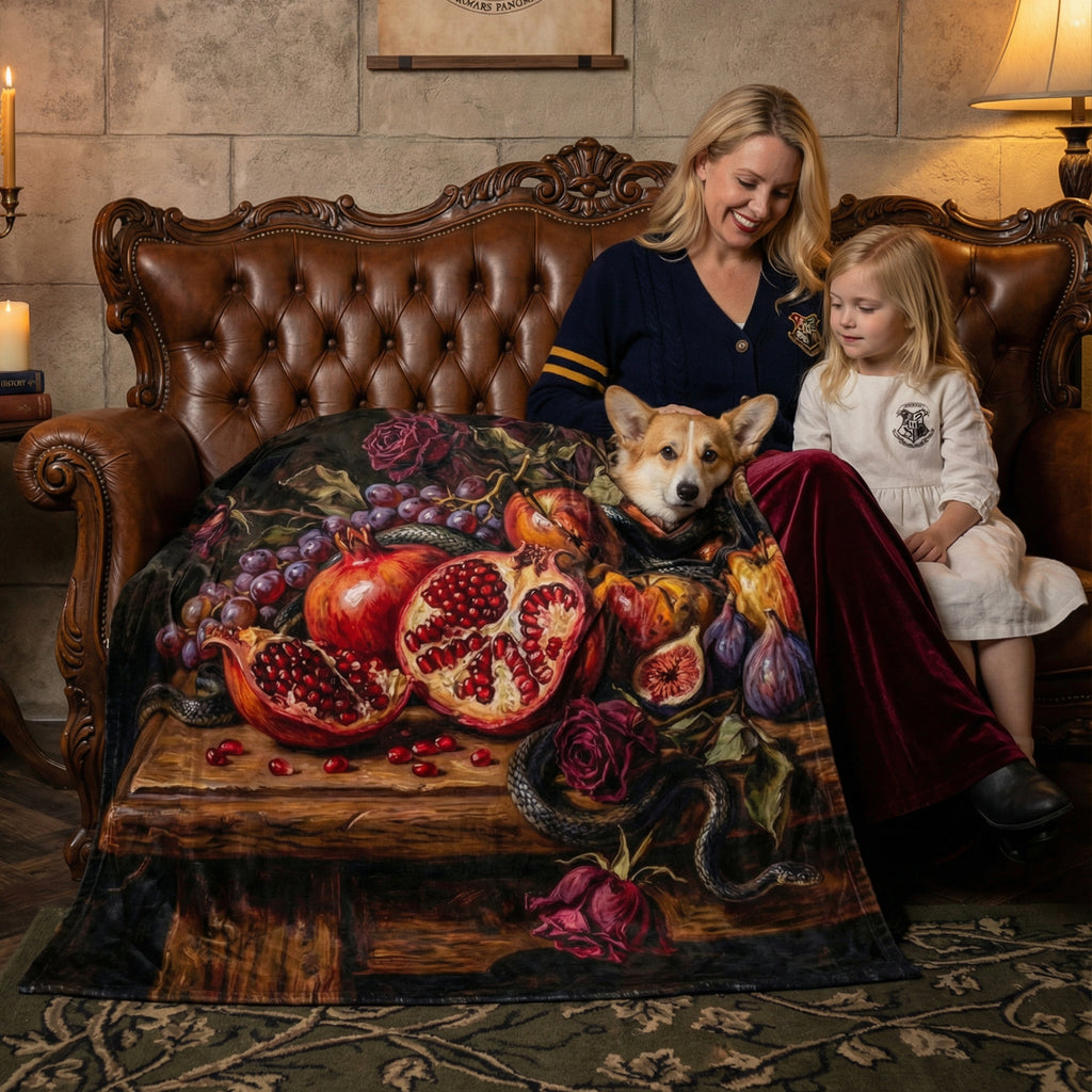 Dark Romance "The Forbidden Fruit" Throw - Pomegranate, Snake & Vanitas Oil Painting Blanket