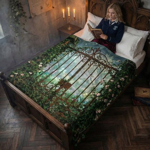 Cottagecore "The Secret Garden" Throw - Rusted Gate, Ivy & Misty Roses Velveteen Blanket