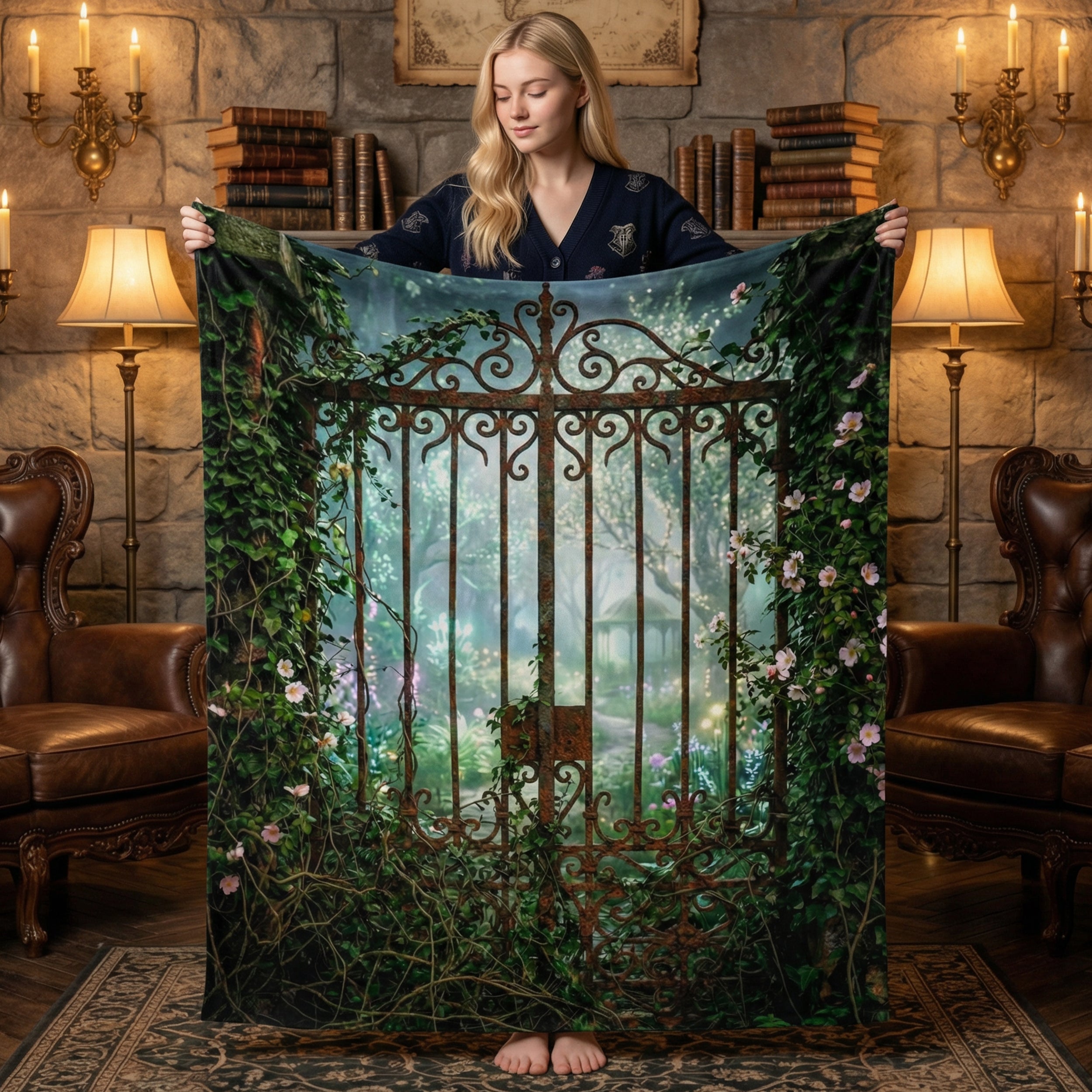 Cottagecore "The Secret Garden" Throw - Rusted Gate, Ivy & Misty Roses Velveteen Blanket