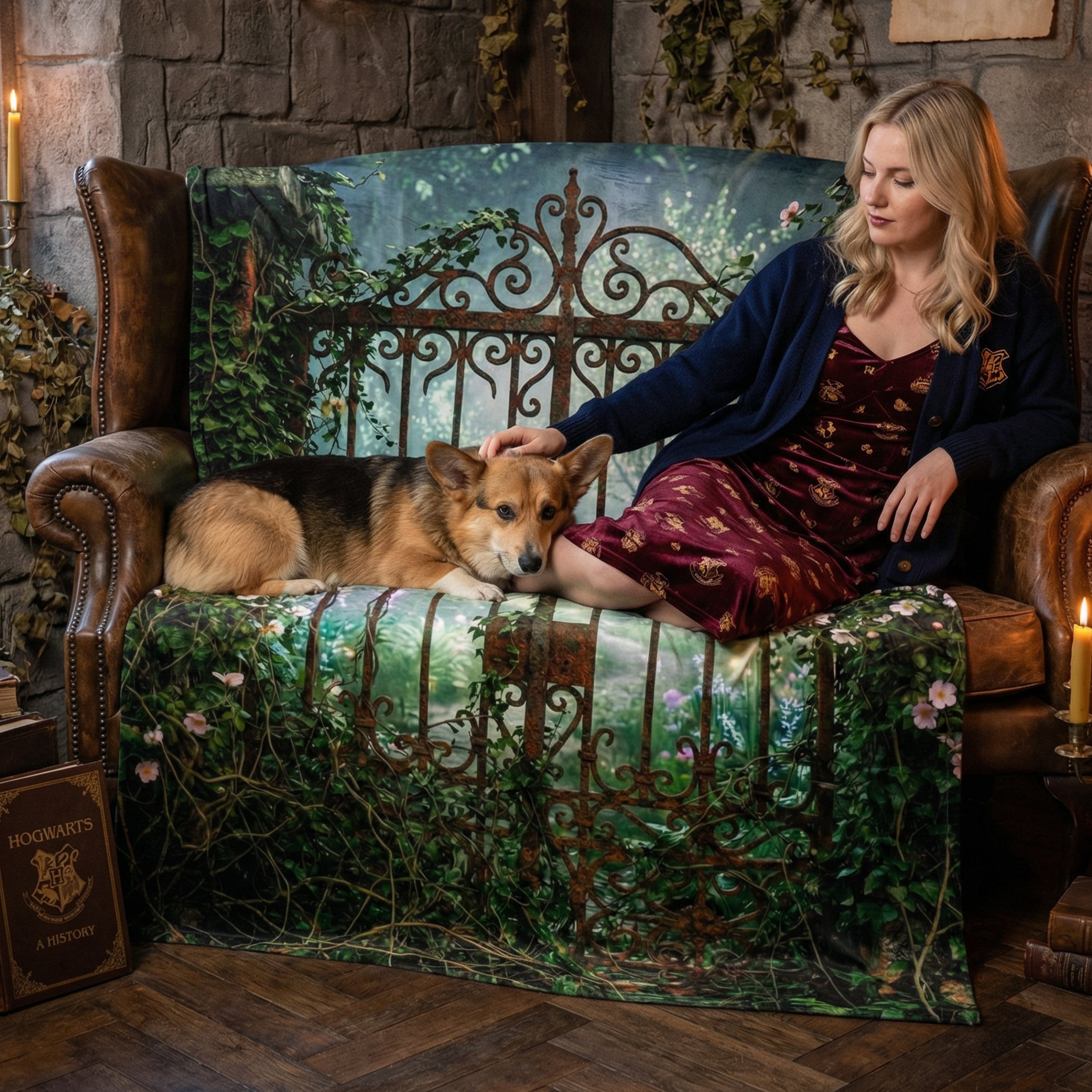 Cottagecore "The Secret Garden" Throw - Rusted Gate, Ivy & Misty Roses Velveteen Blanket